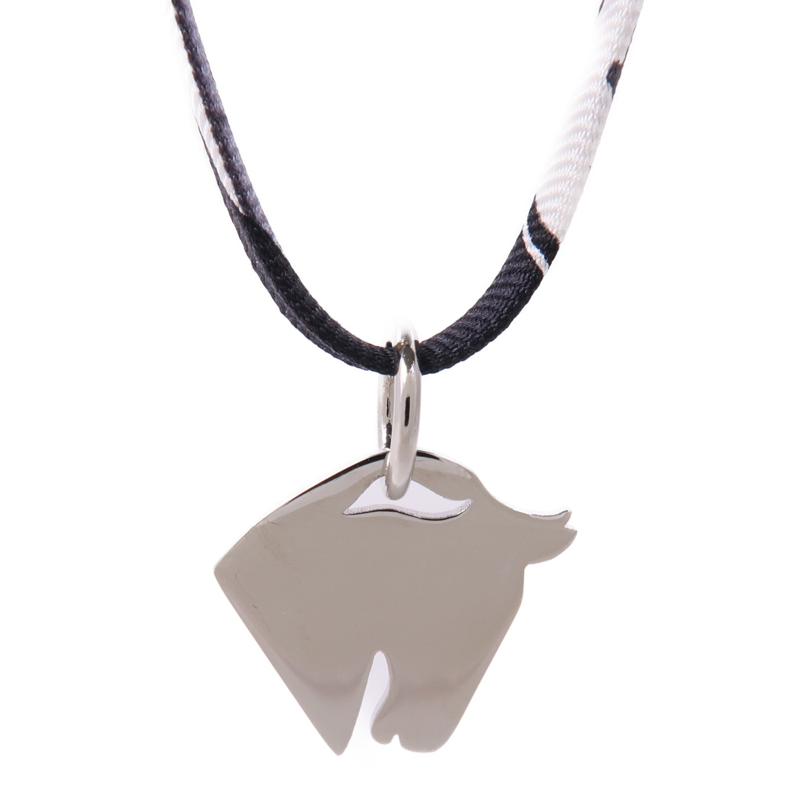 HERMES Tourbillon Necklace Bracelet Silk Metal Silver Black White Khaki