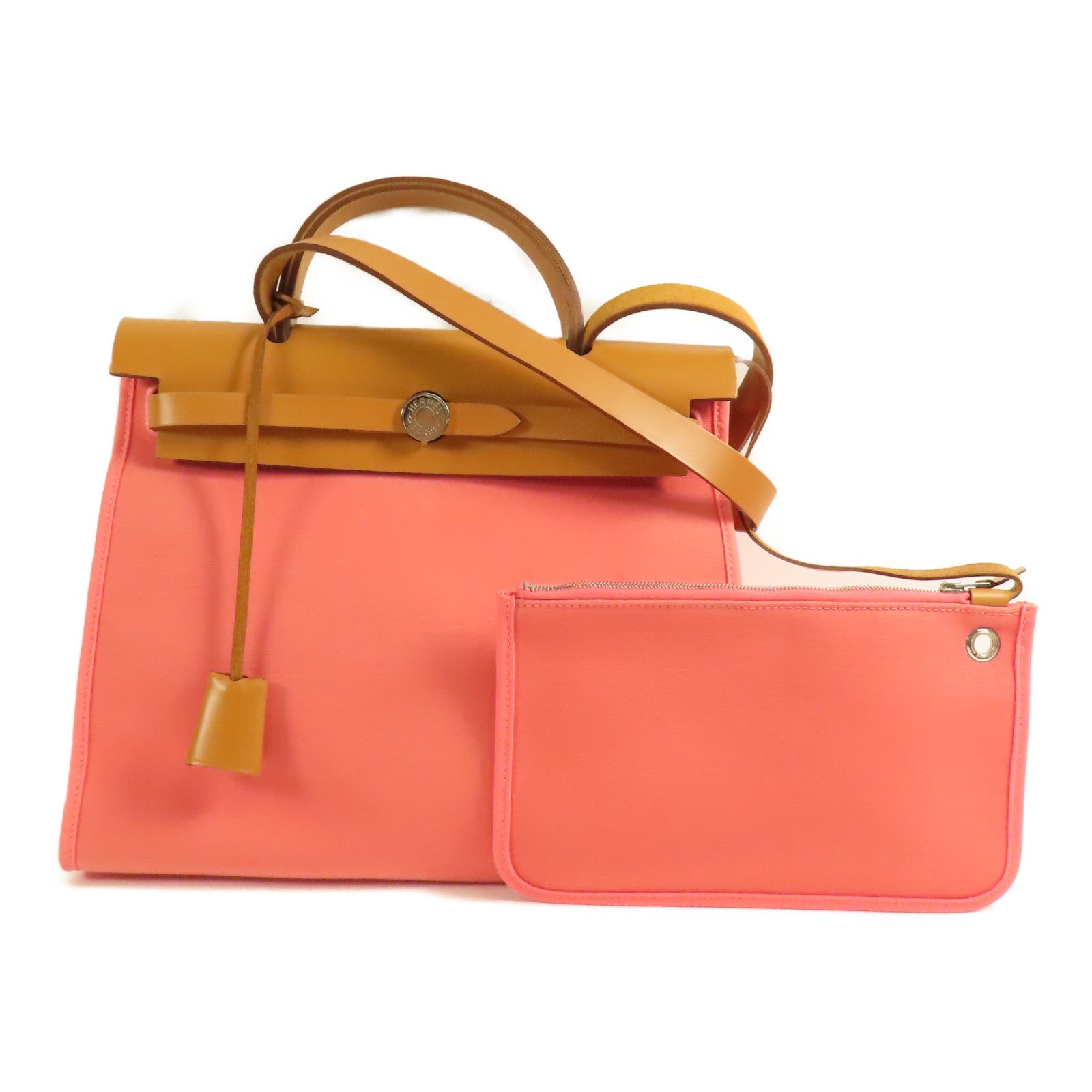 HERMES 帆布Herbag PM銀扣手挽肩背兩用袋Rose Azalee
