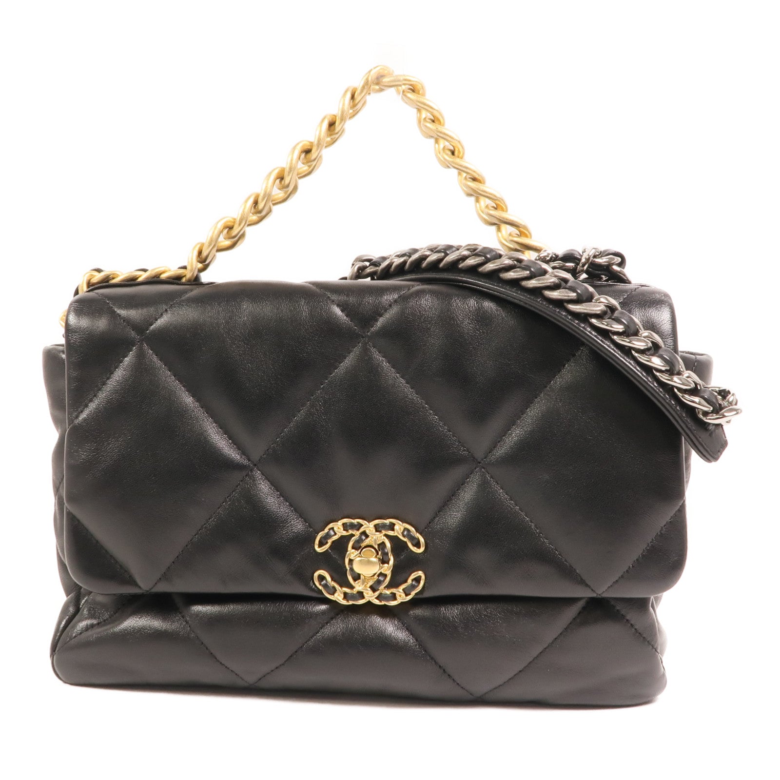 CHANEL 羊皮皮革Chanel 19 Large金扣鏈帶手挽肩背兩用袋