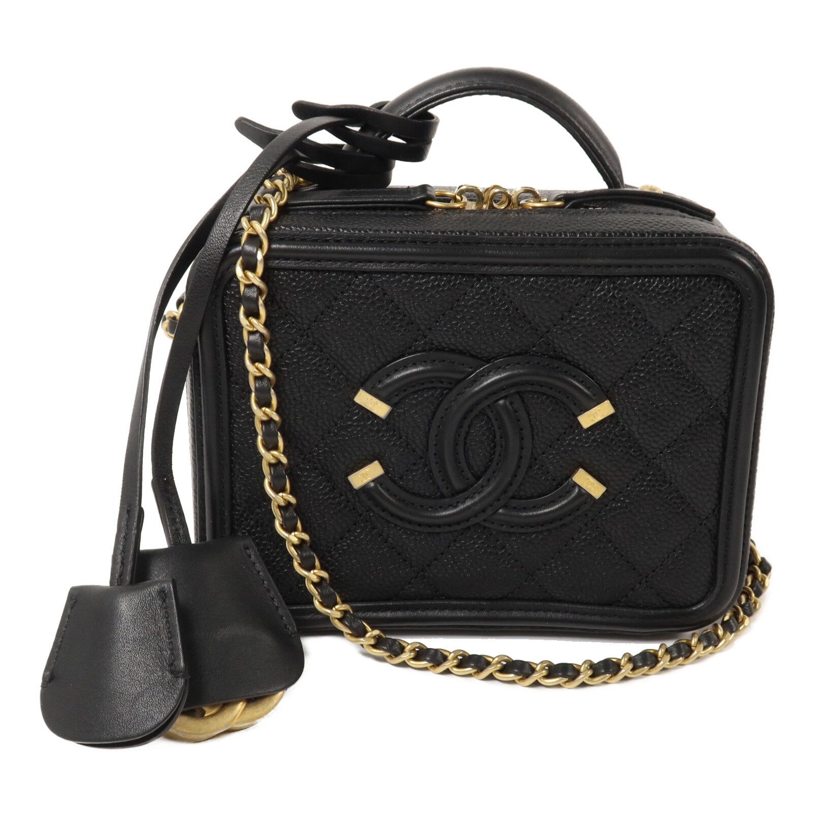 CHANEL 牛皮皮革CC Filigree Vanity Case鏈帶手挽肩背兩用袋