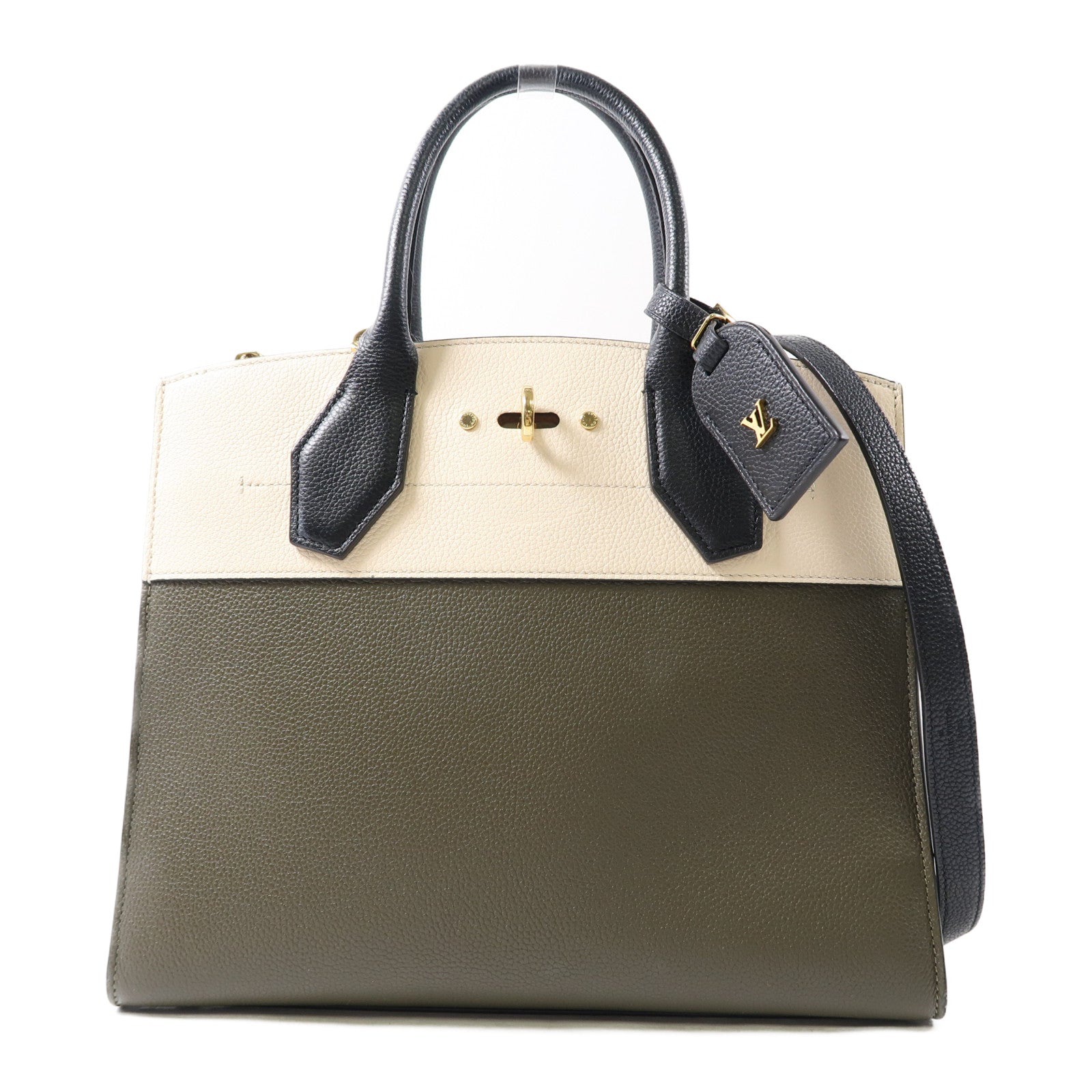 LOUIS VUITTON 牛皮皮革City Steamer金扣手挽肩背兩用袋綠色/米色/黑色