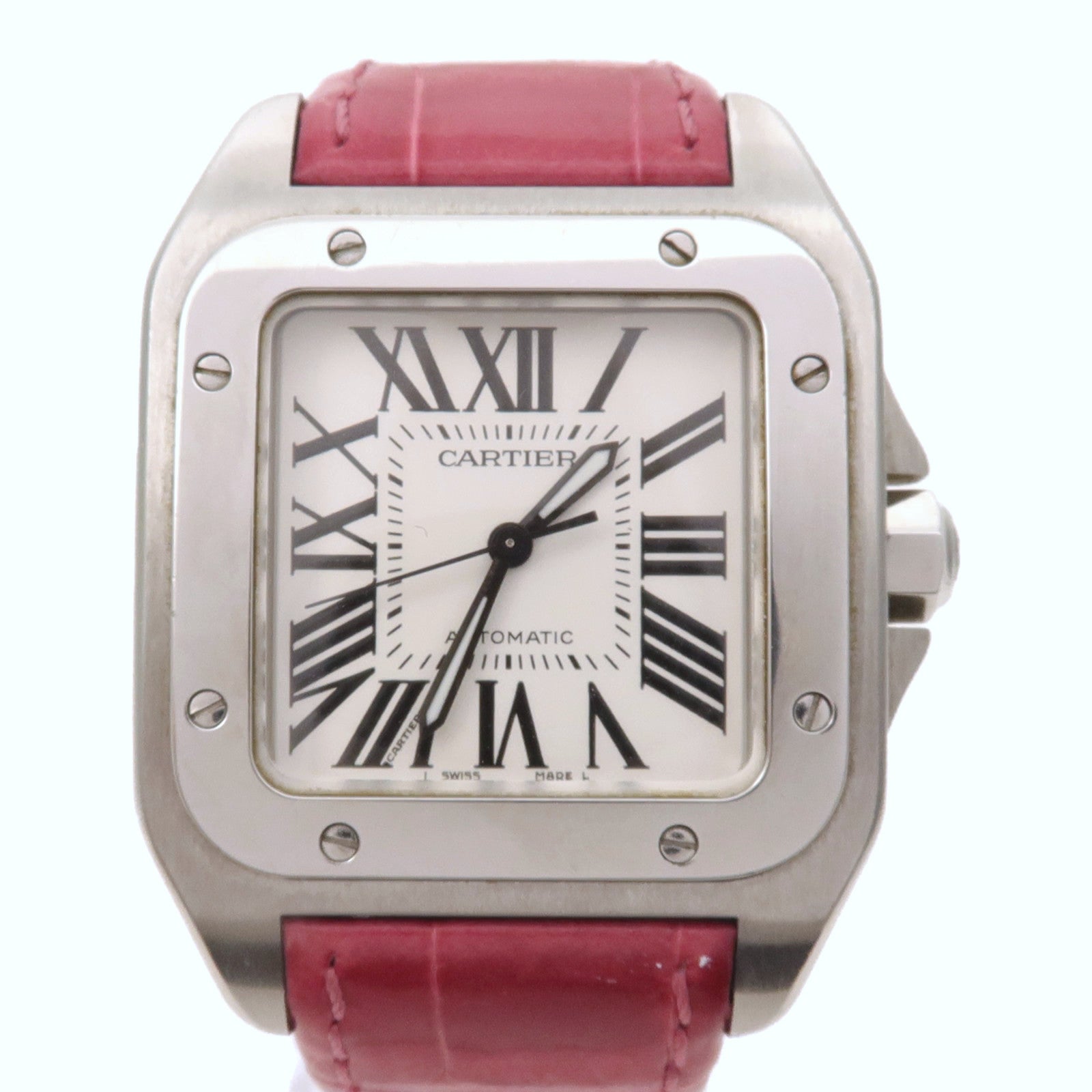 CARTIER Santos 100不鏽鋼/皮革手錶自動機芯白色