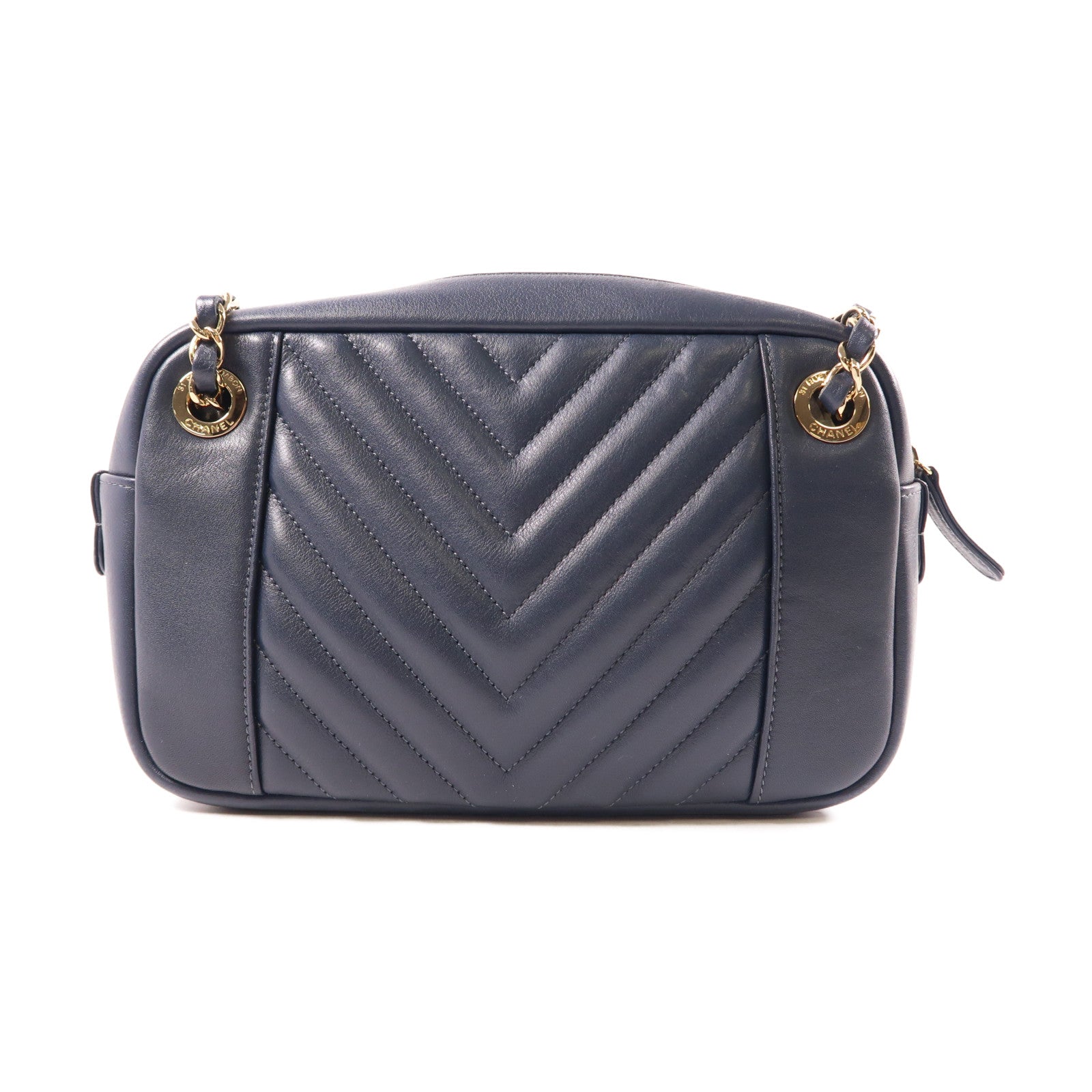 CHANEL 牛皮皮革Chain Shoulder金扣鏈帶肩背袋深藍色