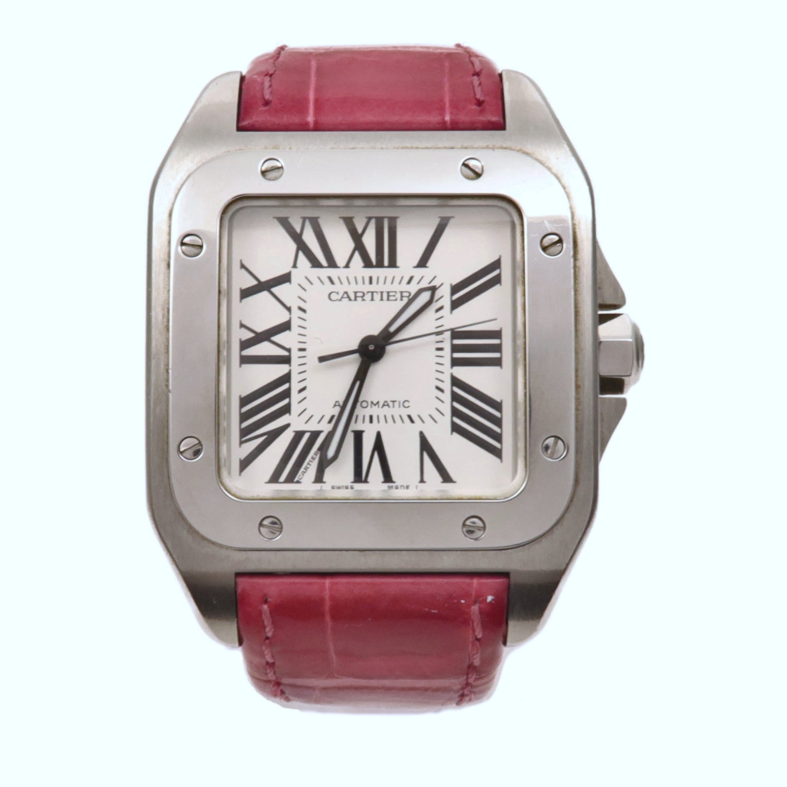 CARTIER Santos 100不鏽鋼/皮革手錶自動機芯白色