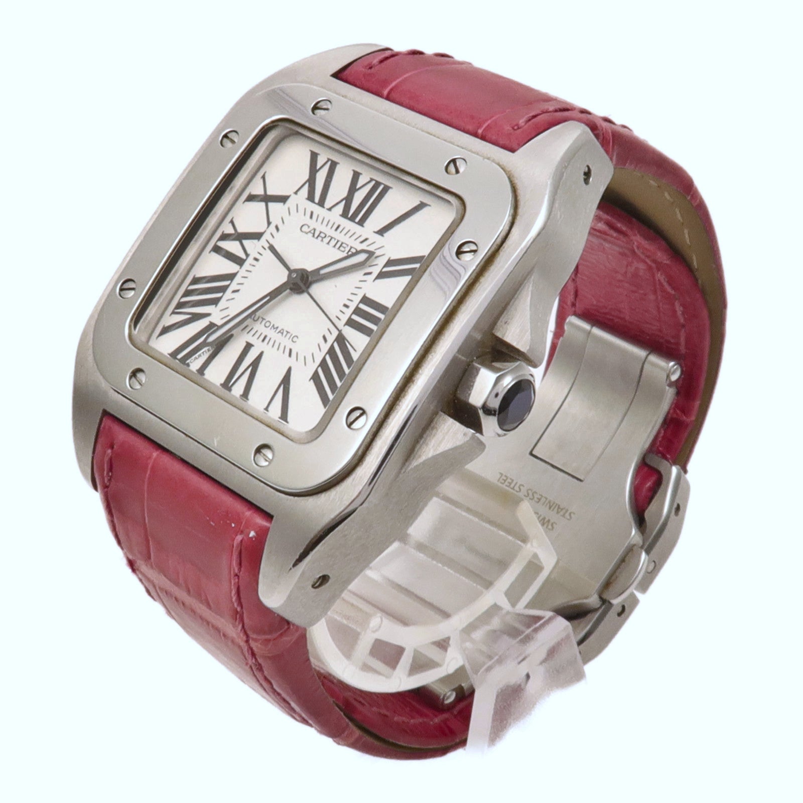 CARTIER Santos 100不鏽鋼/皮革手錶自動機芯白色