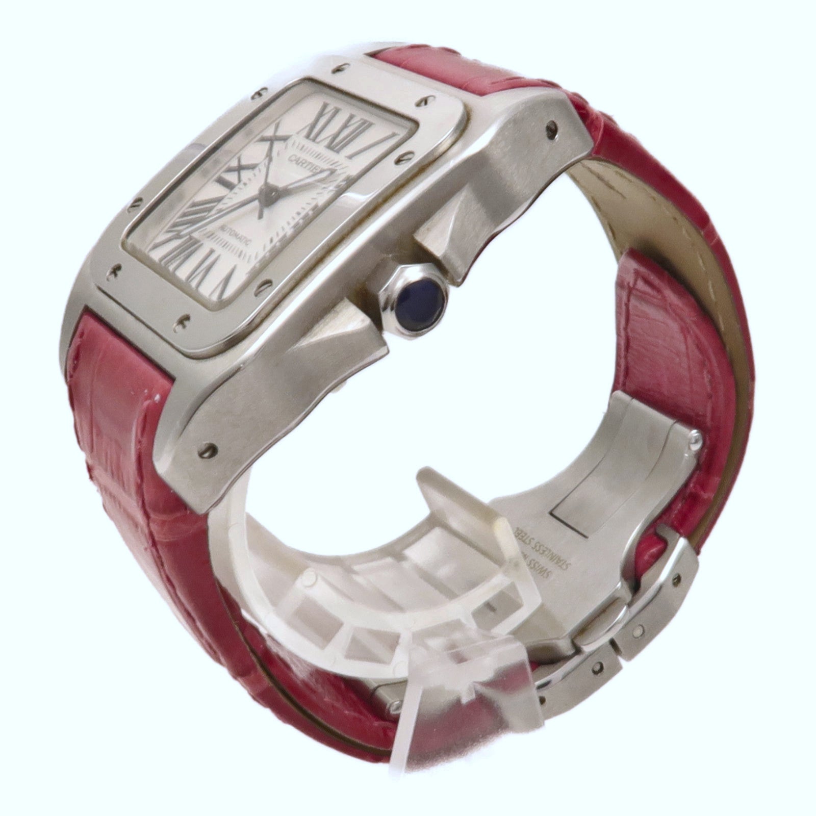 CARTIER Santos 100不鏽鋼/皮革手錶自動機芯白色