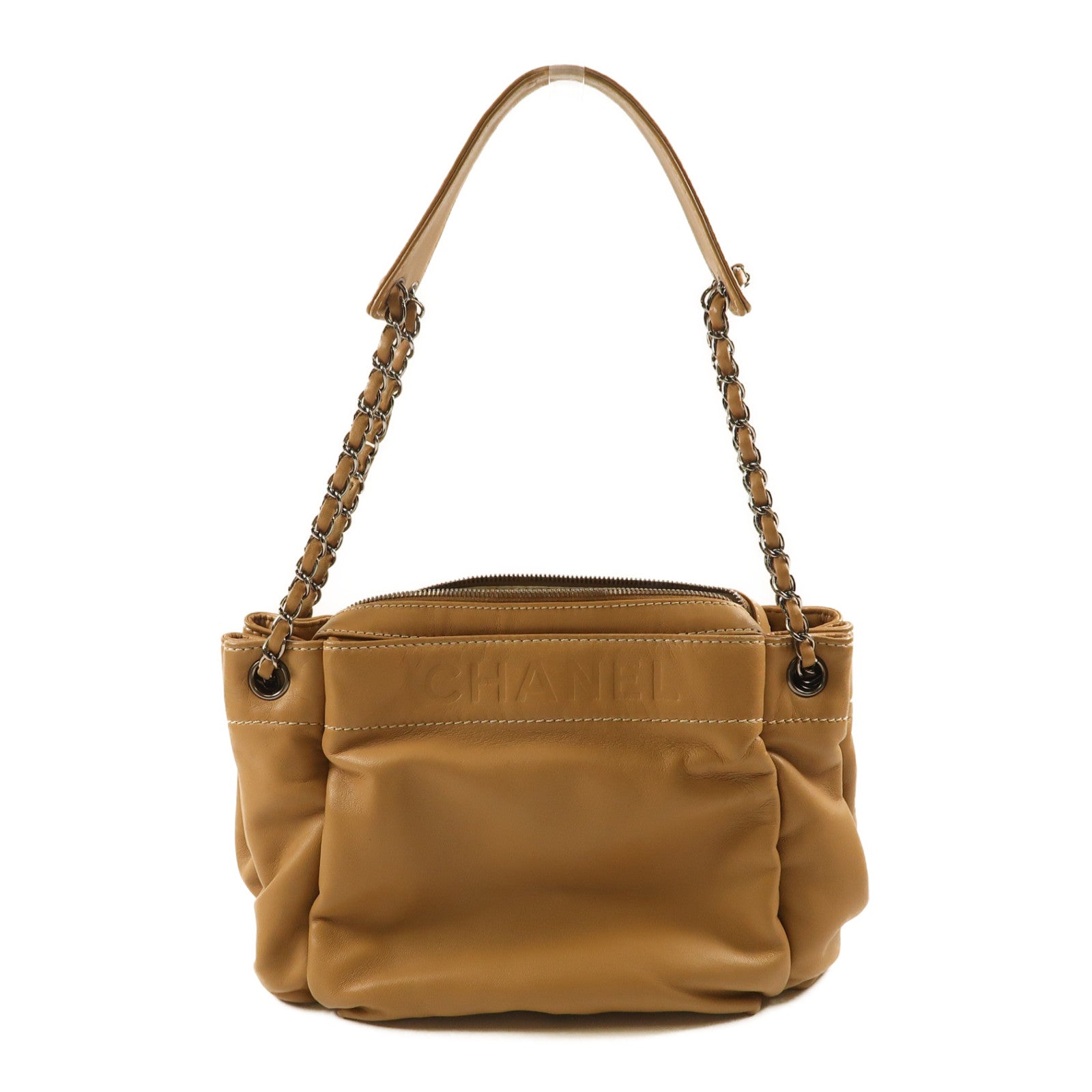 CHANEL 【激減優惠】漆皮皮革Chain Shoulder銀扣鏈帶肩背袋淺啡色