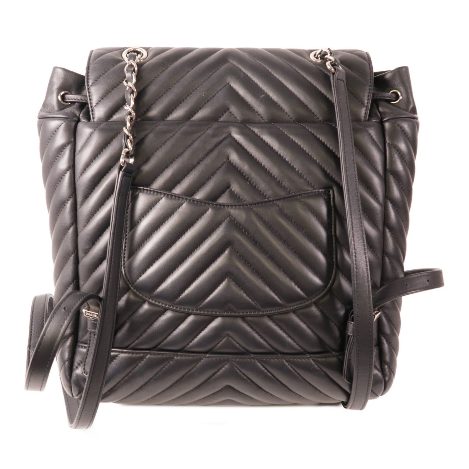 CHANEL 牛皮皮革Chevon Backpack銀扣背包