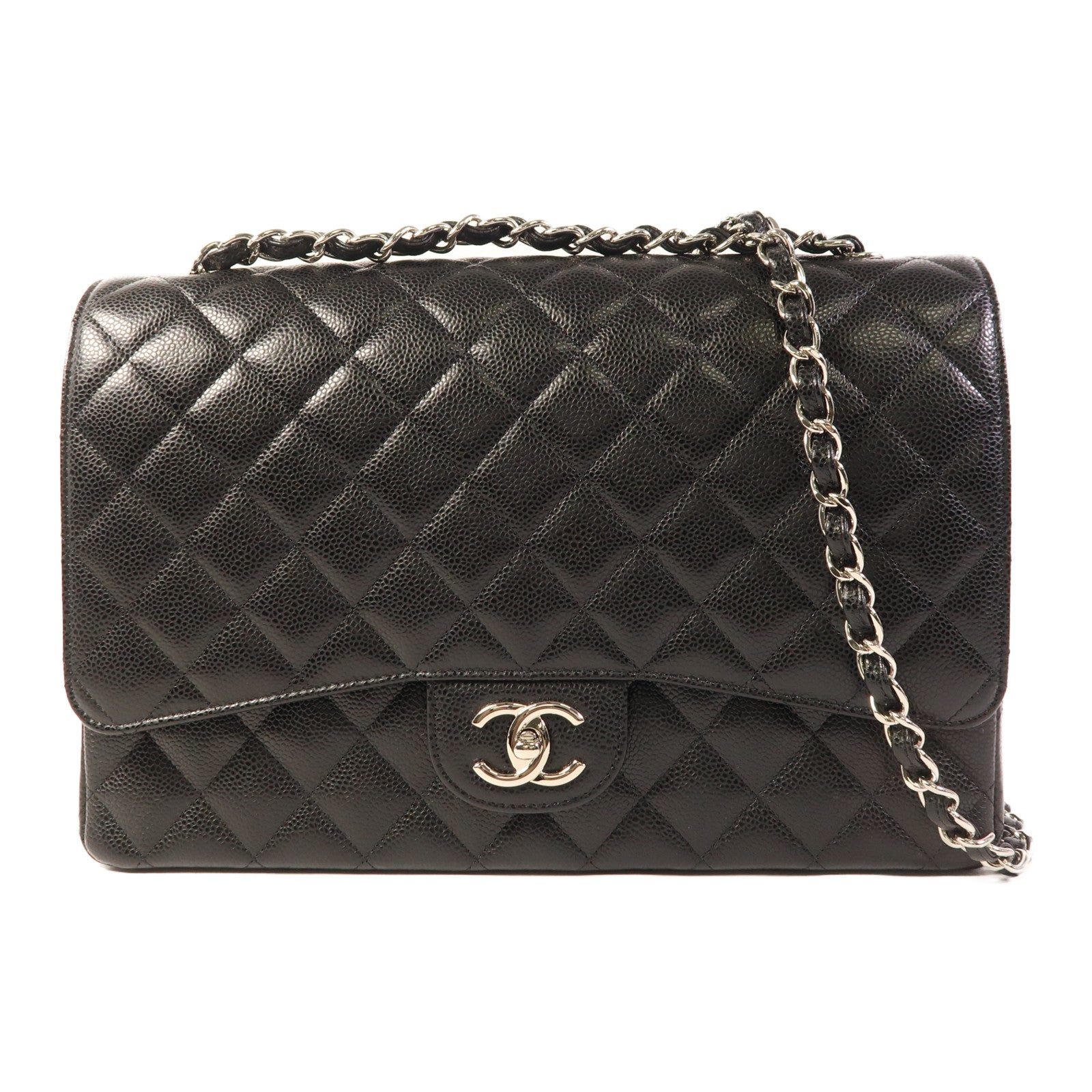 CHANEL 牛皮皮革Maxi Classic銀扣鏈帶肩背袋