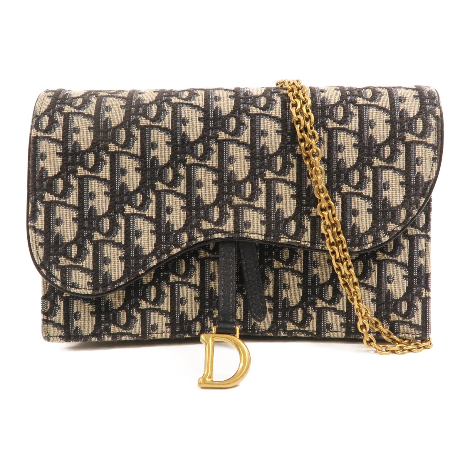 Dior 帆布Oblique Jacquard Saddle Chain Shoulder金扣鏈帶肩背袋