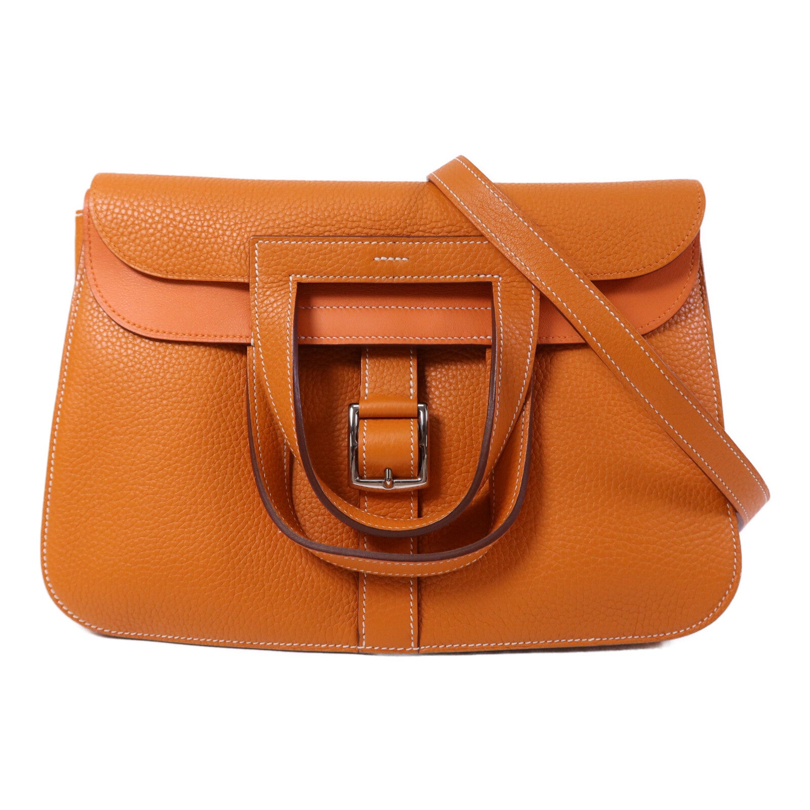 HERMES Clemence皮革Halzan 31銀扣手挽肩背兩用袋Orange