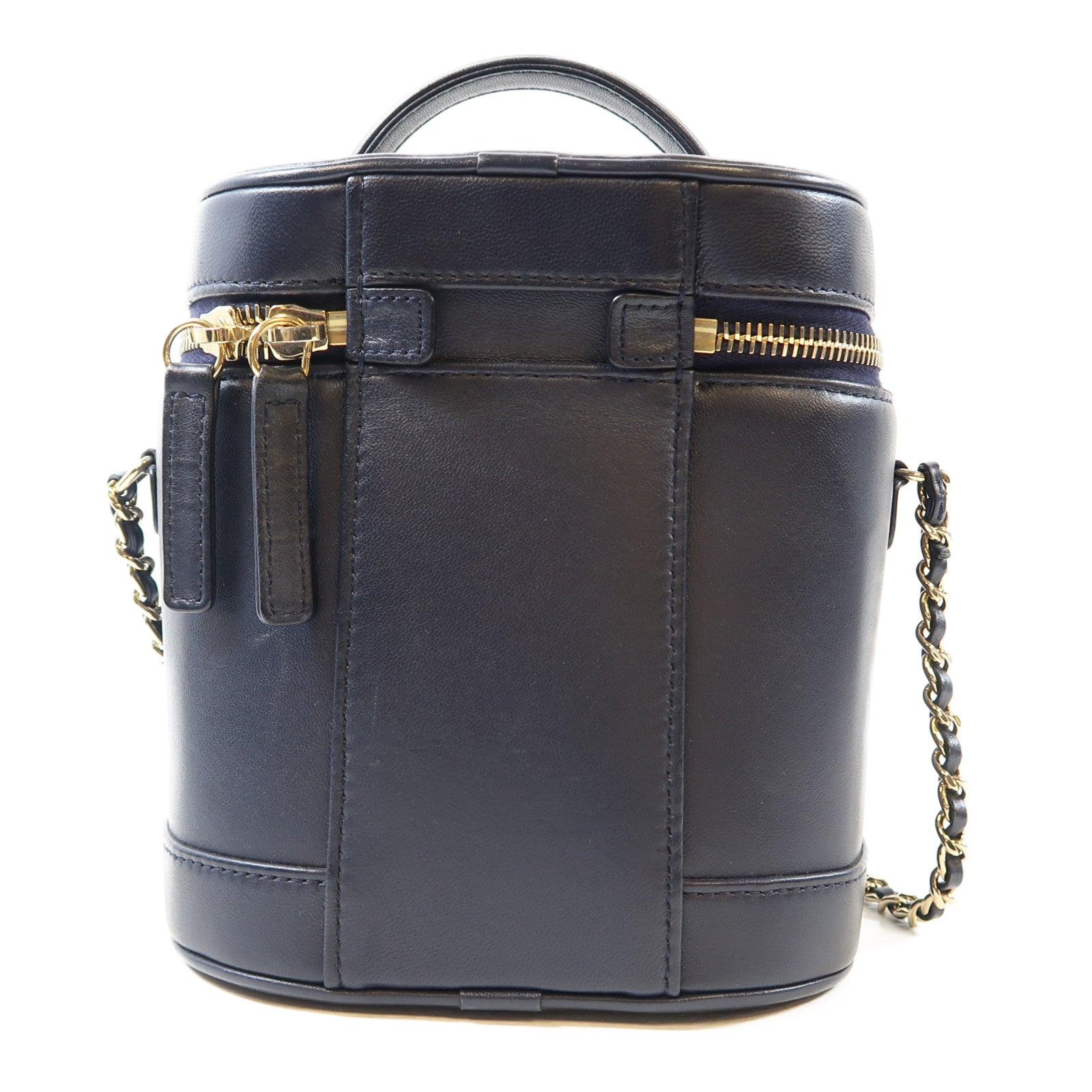 CHANEL 【激減優惠】羊皮皮革Vanity Case銀扣鏈帶手挽肩背兩用袋深藍色