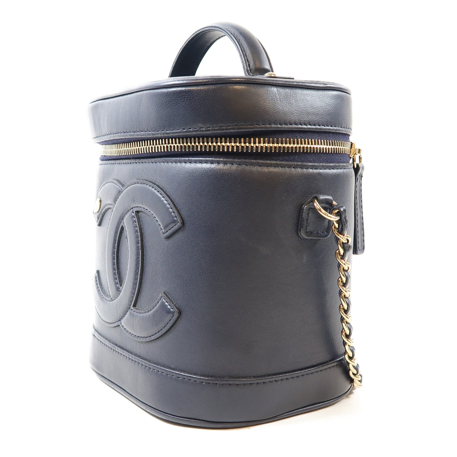 CHANEL 【激減優惠】羊皮皮革Vanity Case銀扣鏈帶手挽肩背兩用袋深藍色