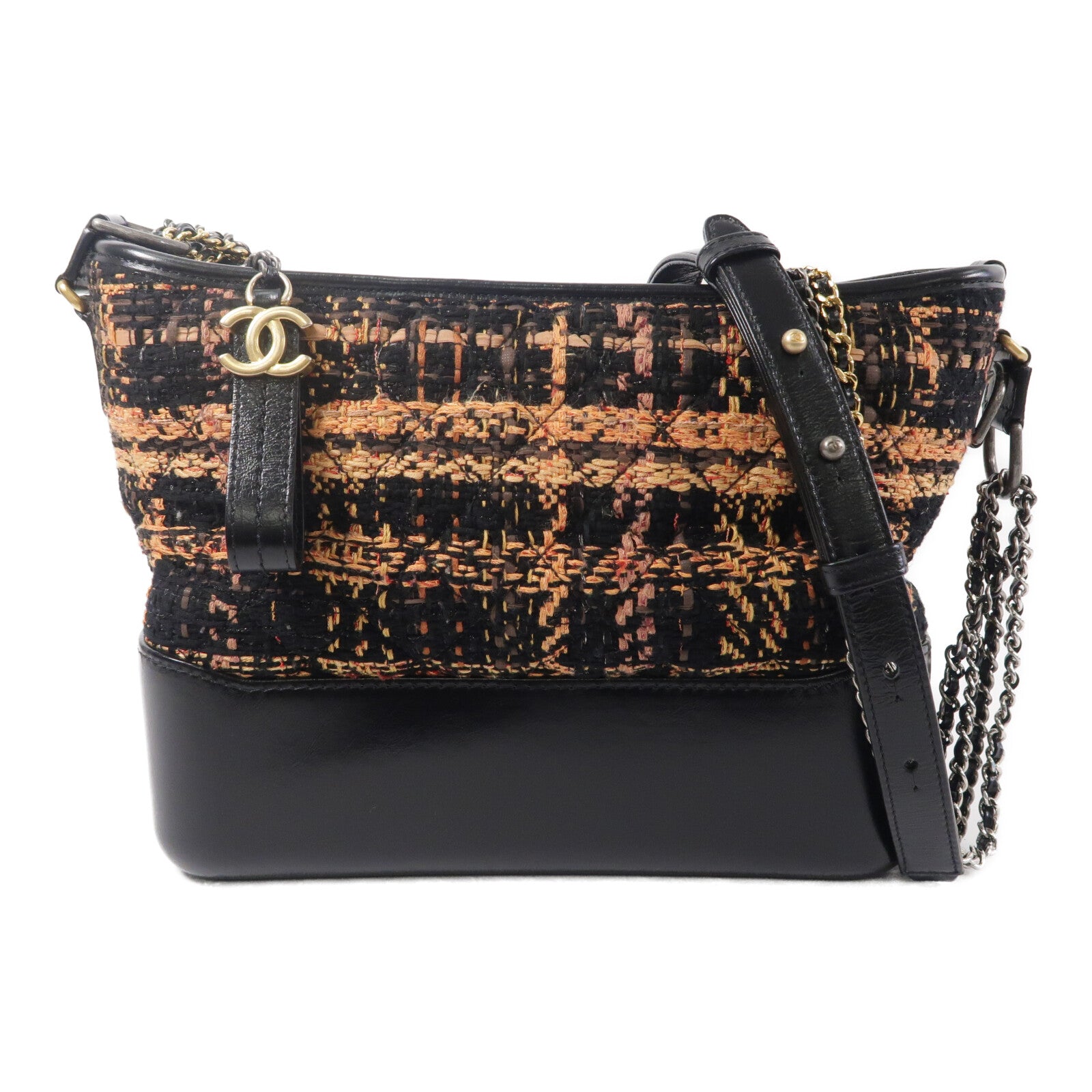CHANEL Tweed/牛皮皮革Gabrielle Medium鏈帶肩背袋