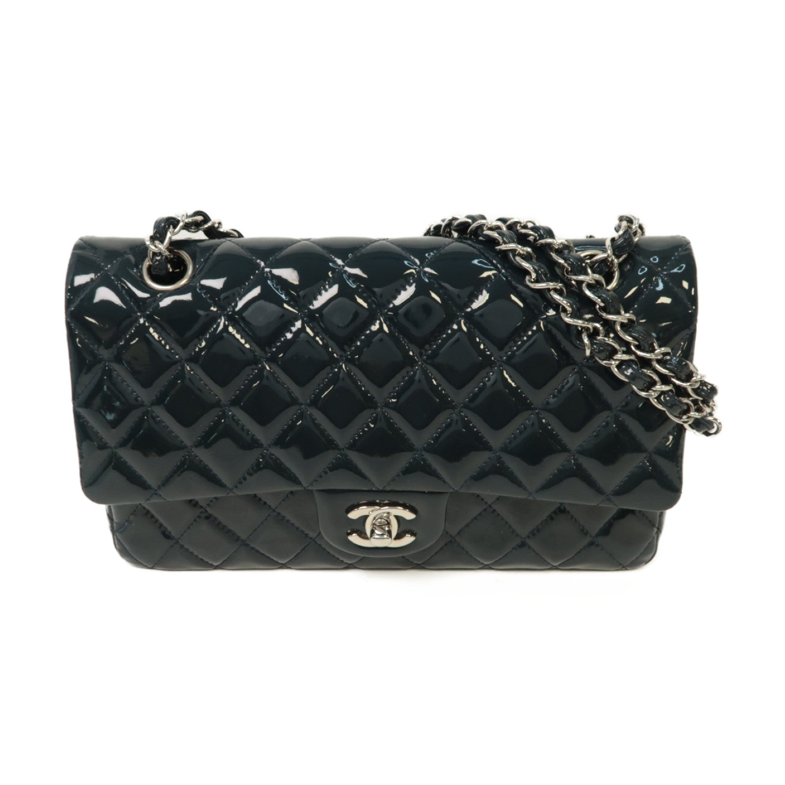 CHANEL 【激減優惠】菱格漆皮皮革Classic Flap 25銀扣鏈帶肩背袋
