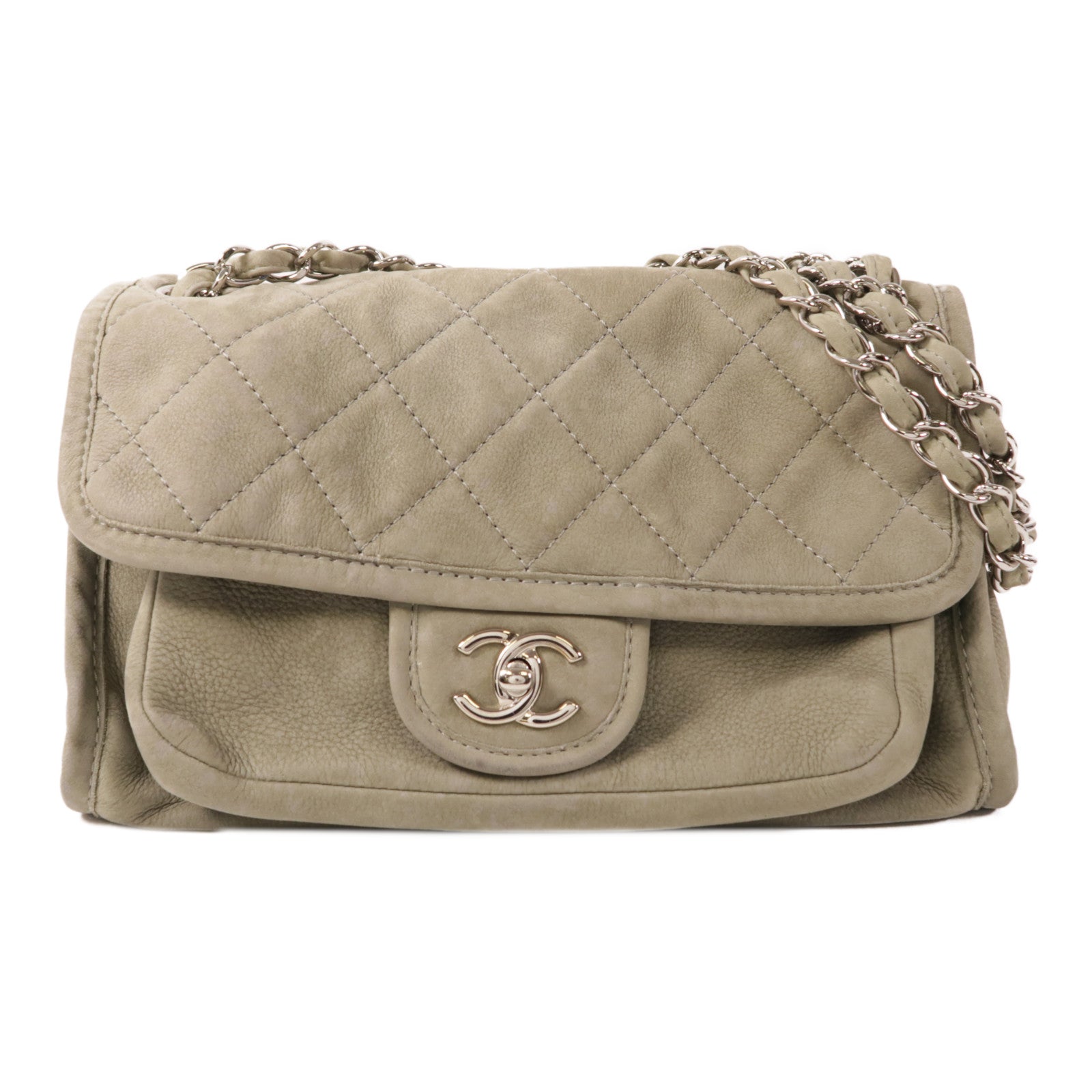 CHANEL 麂皮皮革Flat Bag銀扣鏈帶肩背袋