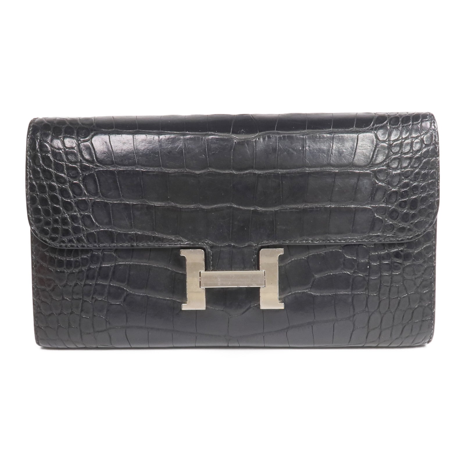 HERMES Alligator皮革Constance Long Wallet銀扣長錢包Noir