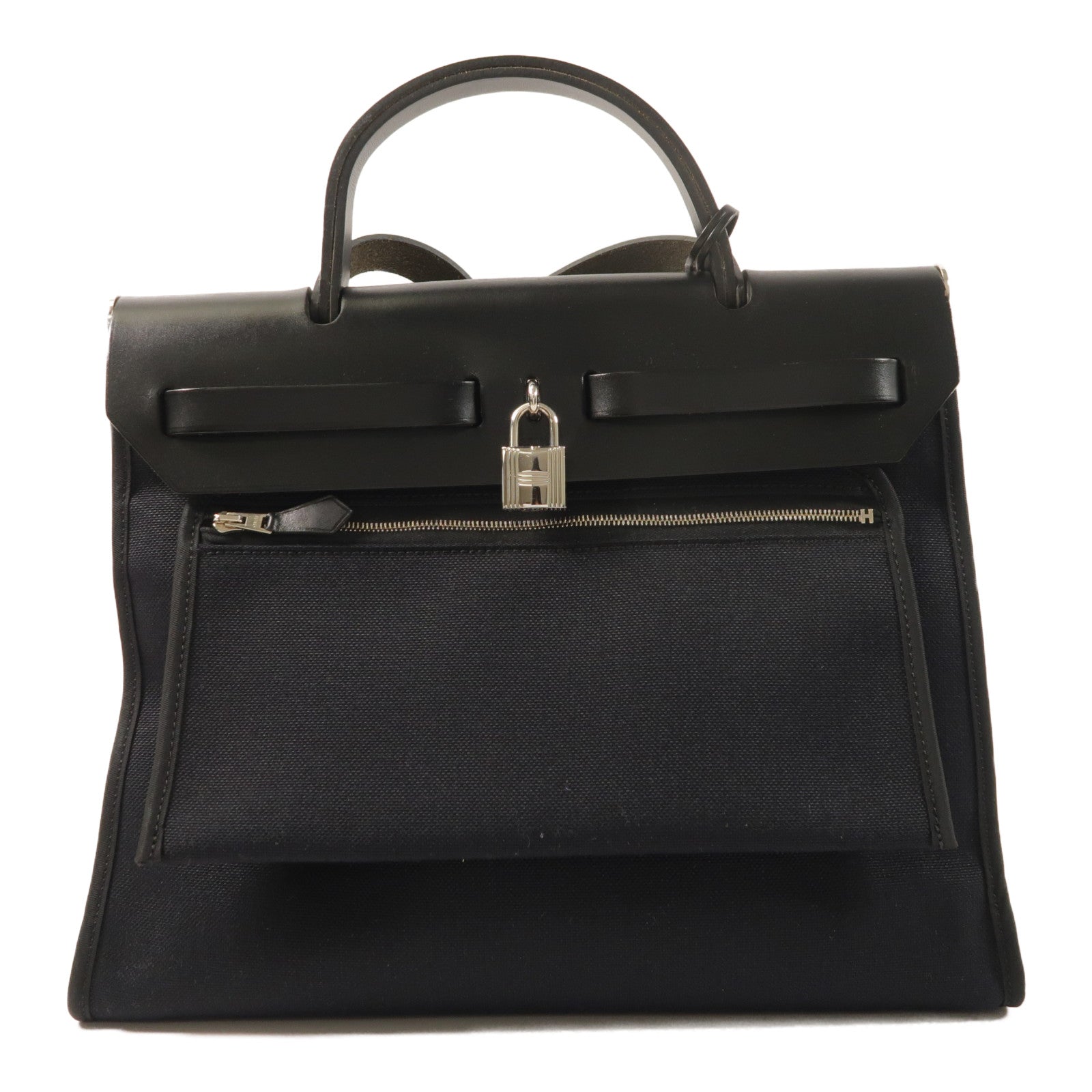HERMES 帆布牛皮皮革Herbag PM銀扣手挽肩背兩用袋Noir