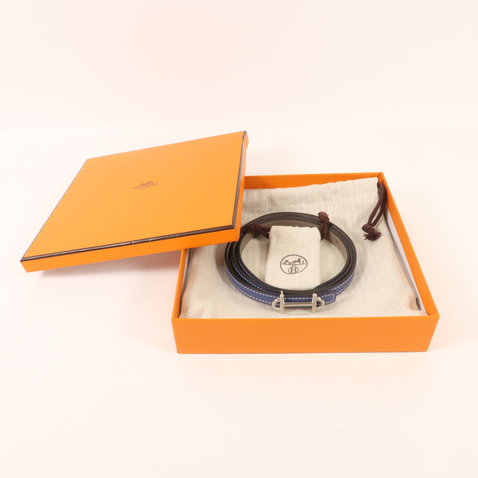 HERMES Espom/Evercolor皮革Gamma Belt 90cm銀扣皮帶Blue/Etoupe