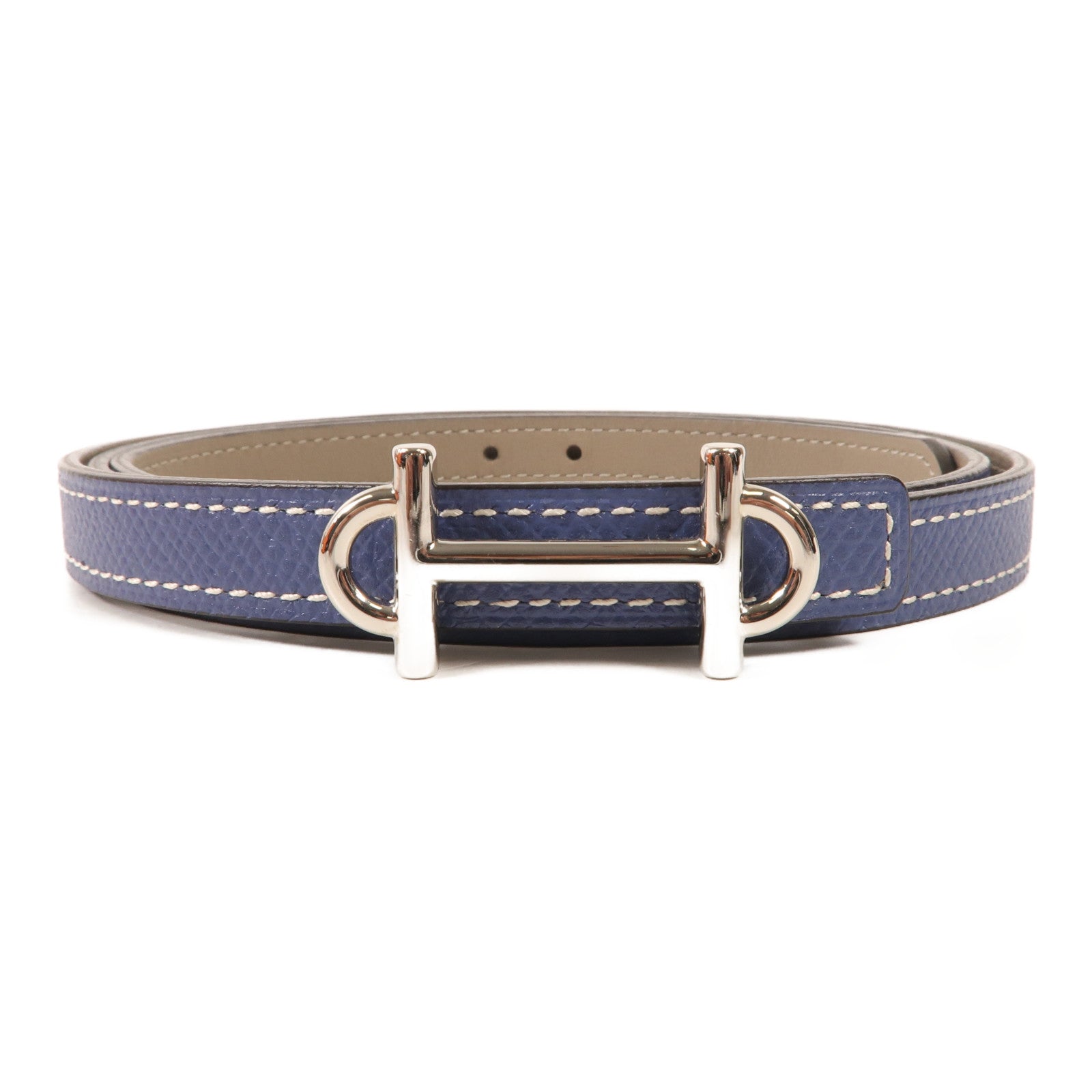 HERMES Espom/Evercolor皮革Gamma Belt 90cm銀扣皮帶Blue/Etoupe