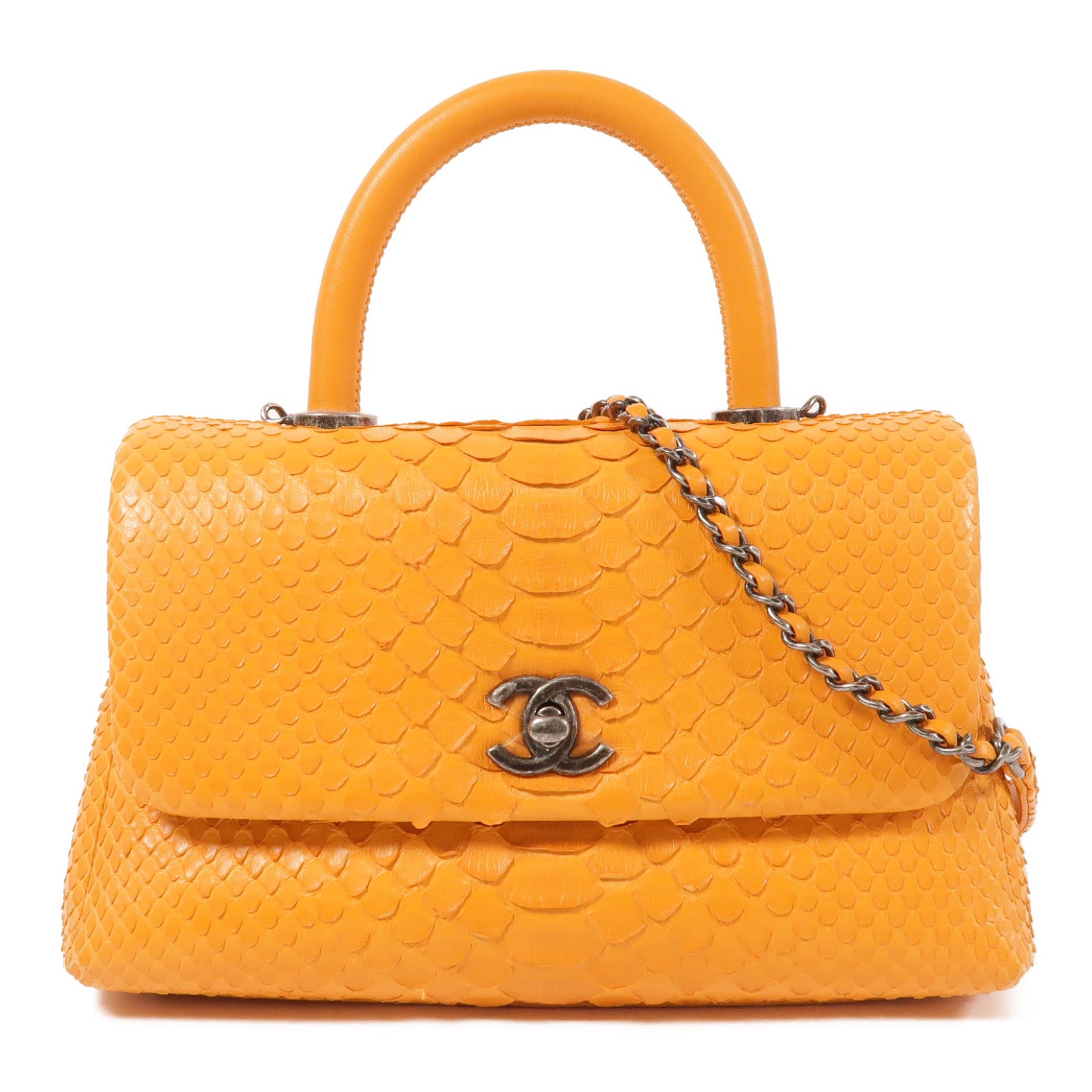 CHANEL Orange Orange Snakeskin leather Coco Handle Small hand-turned shoulde...