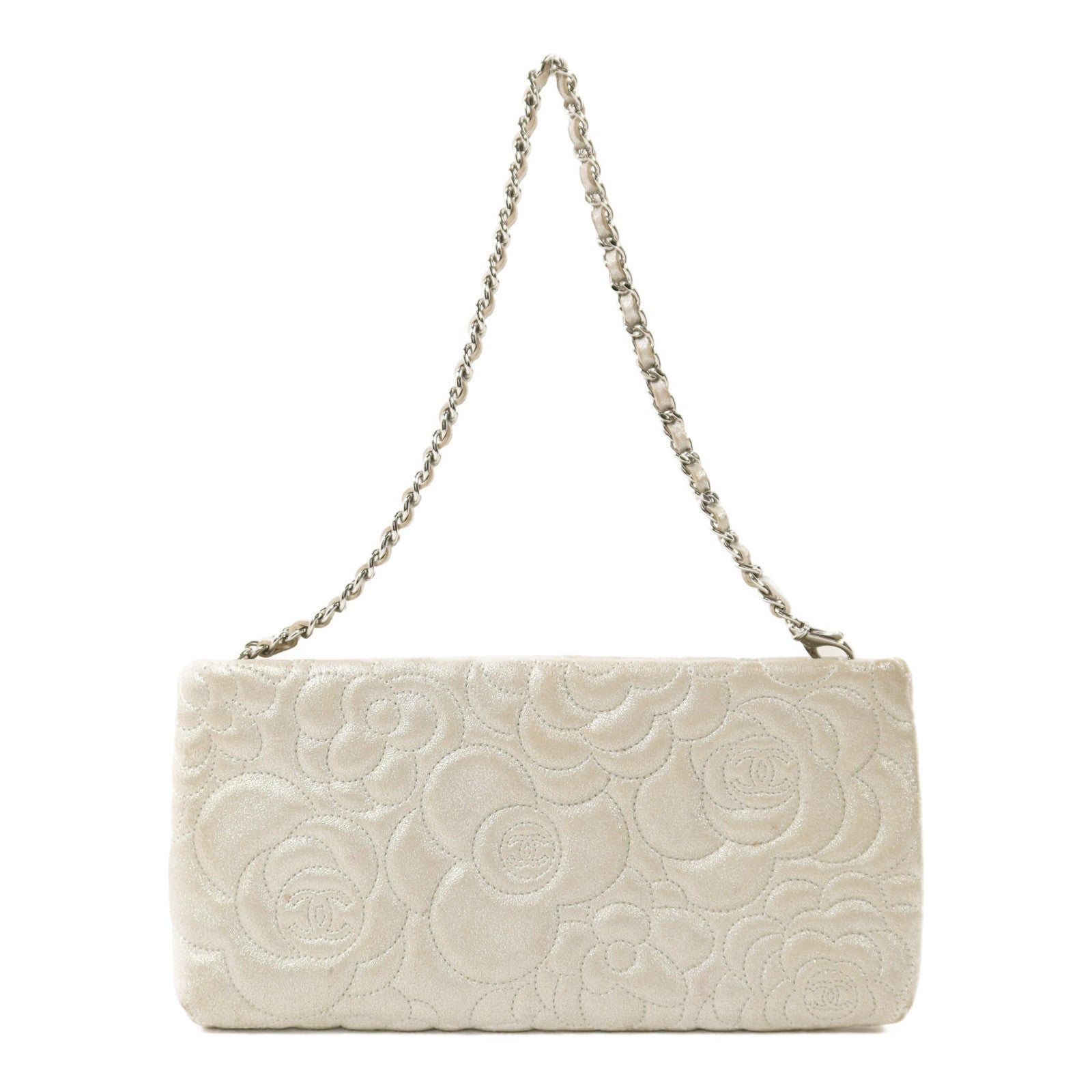 CHANEL 羊皮皮革Cameolla Flower Pouch銀扣鏈帶肩背袋