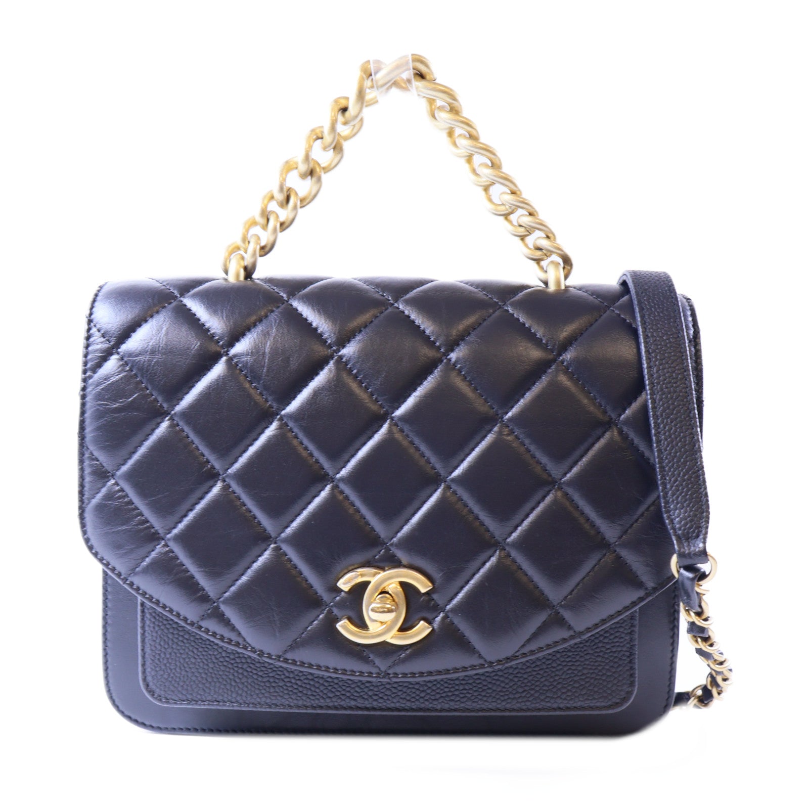 CHANEL 【激減優惠】牛皮皮革Chain Shoulder金扣鏈帶手挽肩背兩用袋黑色