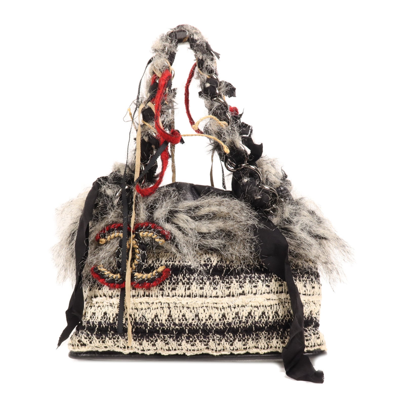 CHANEL 牛皮皮革/毛皮Shoulder Bag銀扣肩背袋