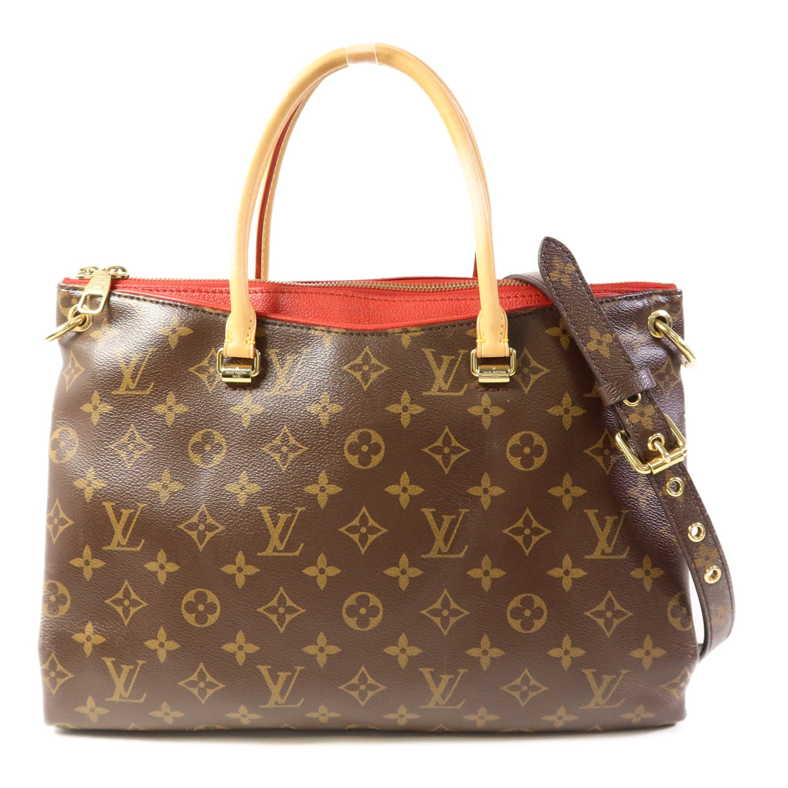 LOUIS VUITTON Monogram Pallas金扣手挽肩背兩用袋棕色/紅色