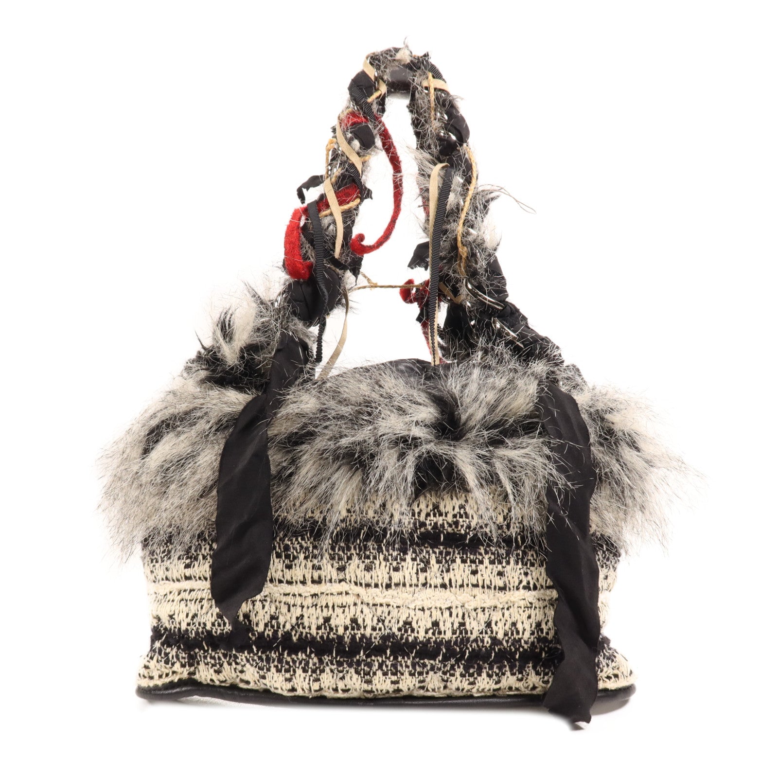 CHANEL 牛皮皮革/毛皮Shoulder Bag銀扣肩背袋