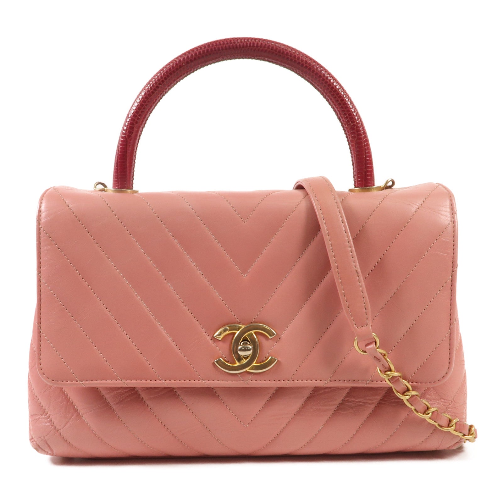 CHANEL 牛皮/蜥蝪皮革Coco Handle Medium金扣鏈帶手挽肩背兩用袋