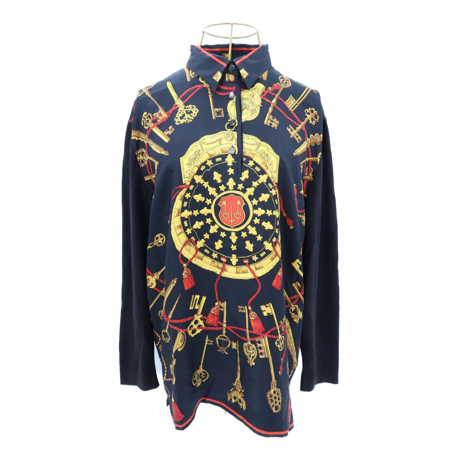 HERMES Silk/Cotton/Cashmere Les Cles Long-sleeve Top上衣