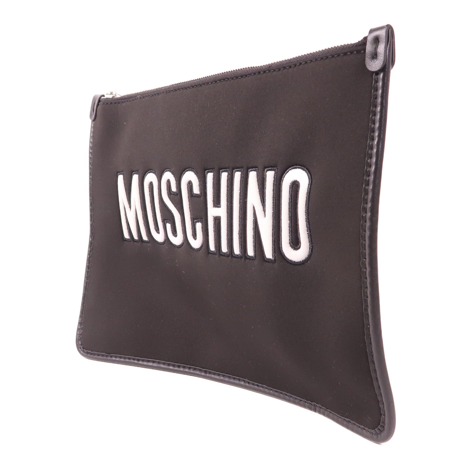 MOSCHINO Canvas Clutch Silver Hand Bag Handbag Black Black Canvas