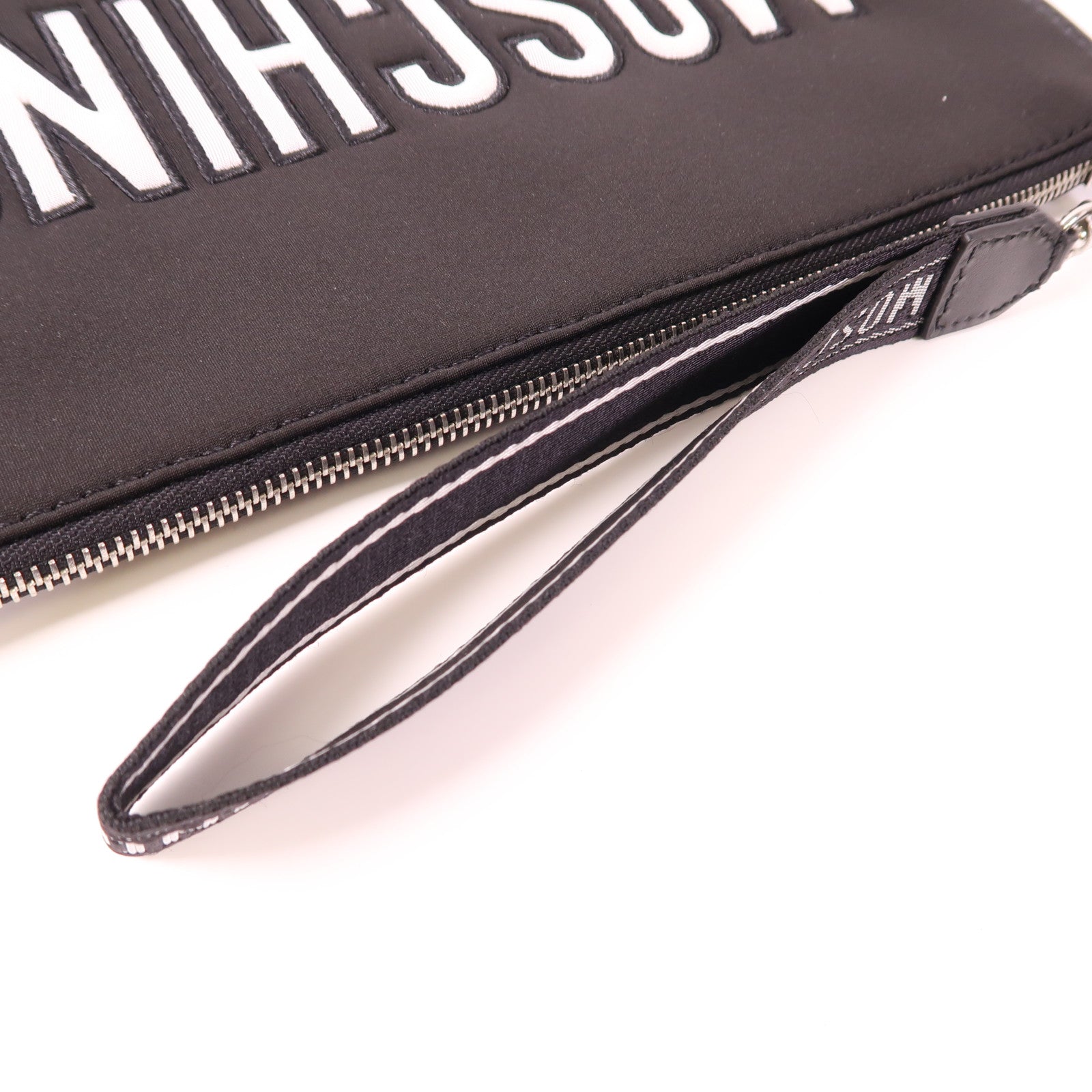 MOSCHINO Canvas Clutch Silver Hand Bag Handbag Black Black Canvas