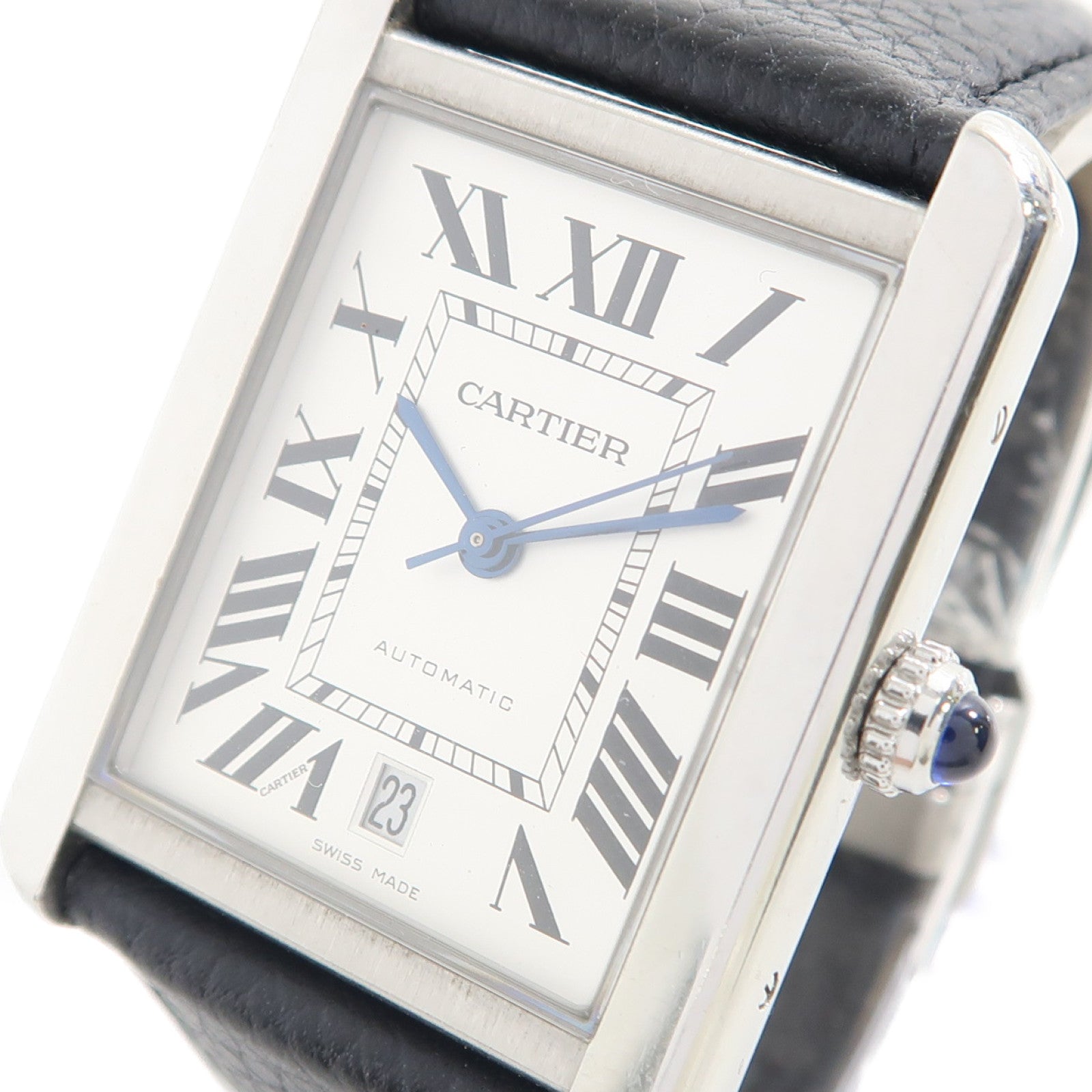 CARTIER Tank Solo不鏽鋼/皮革帶手錶自動機芯銀色