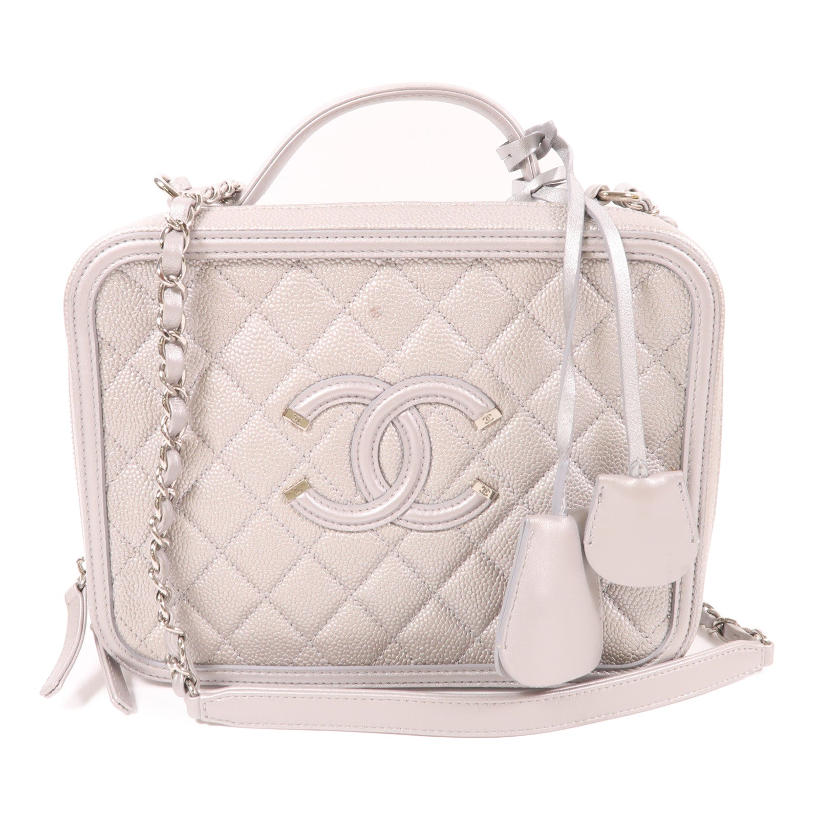 CHANEL SHW Vanity Case Chain 2 Way Bag Calfskin Leather Silver