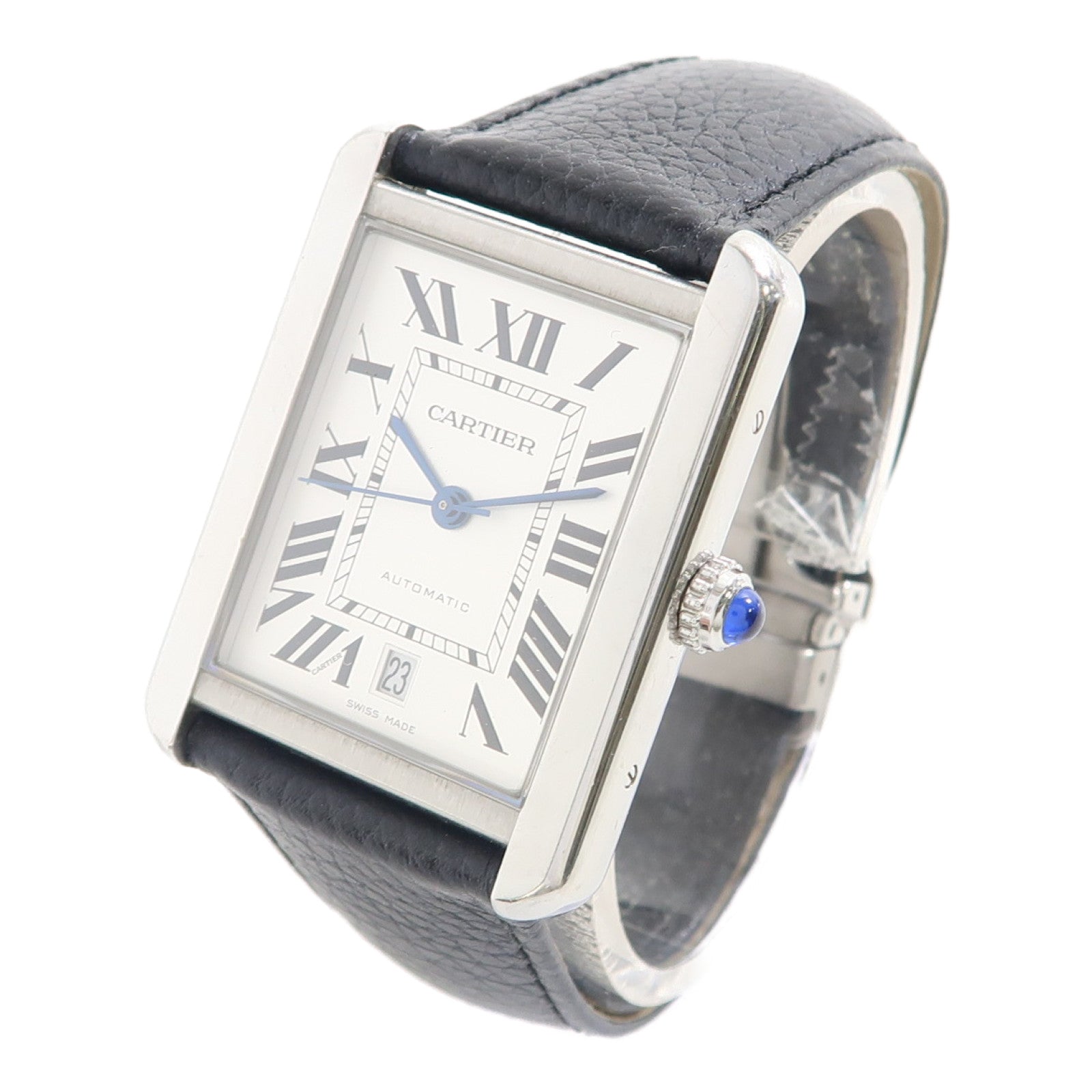 CARTIER Tank Solo不鏽鋼/皮革帶手錶自動機芯銀色