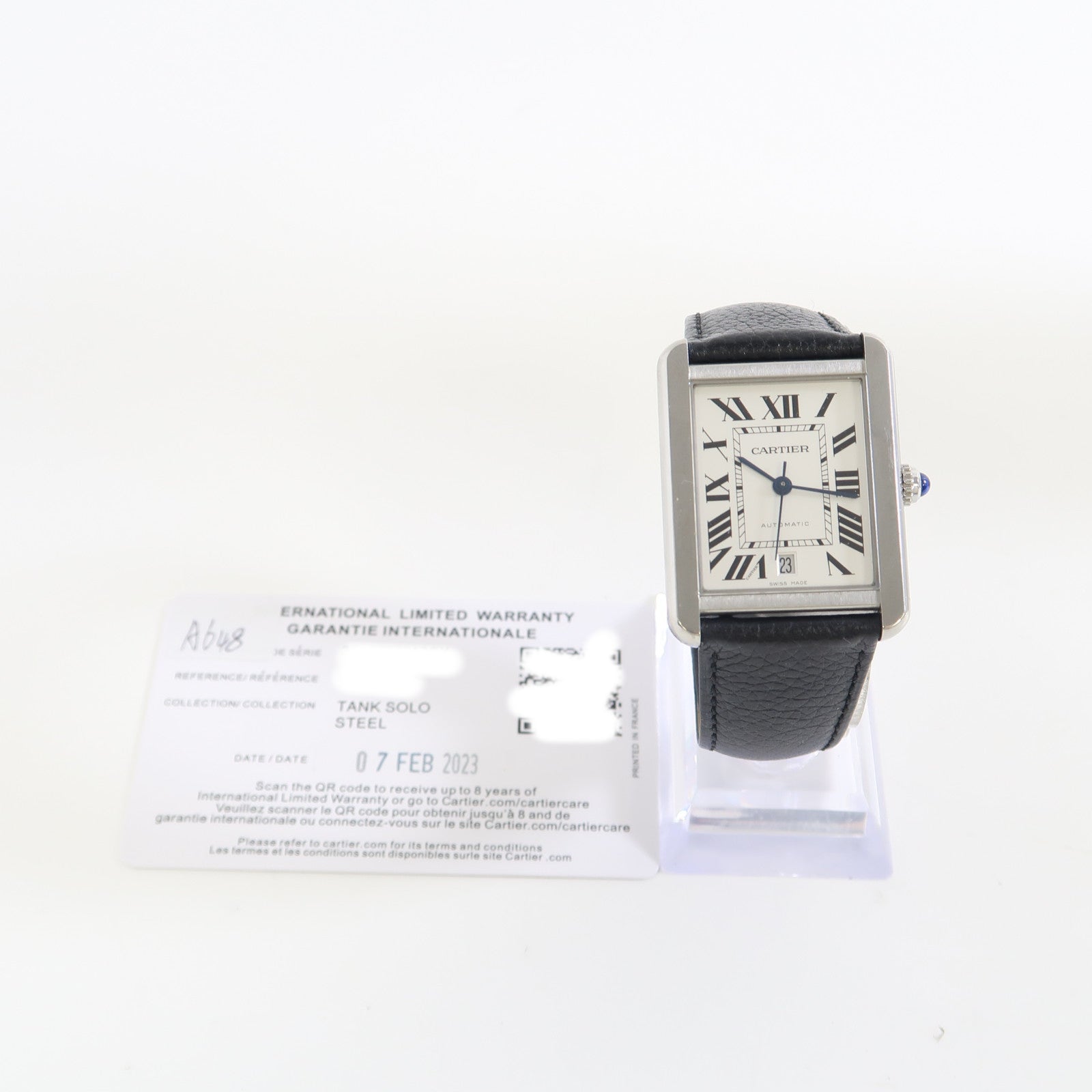 CARTIER Tank Solo不鏽鋼/皮革帶手錶自動機芯銀色