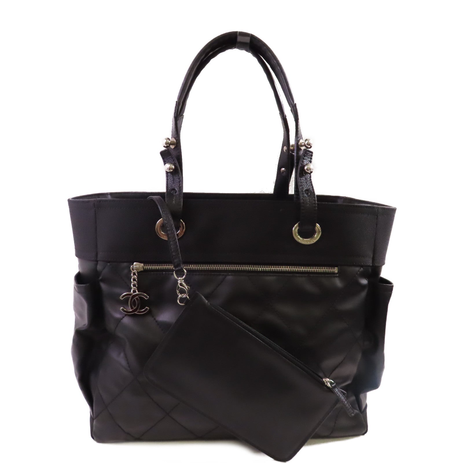 CHANEL 【激減優惠】菱格塗層帆布Biarritz Tote Bag Large Tote Bag銀扣肩背袋