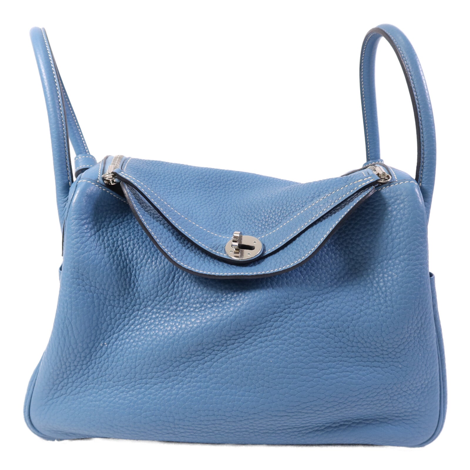 HERMES Clemence皮革Lindy 30銀扣手挽肩背兩用袋Bleu Jean