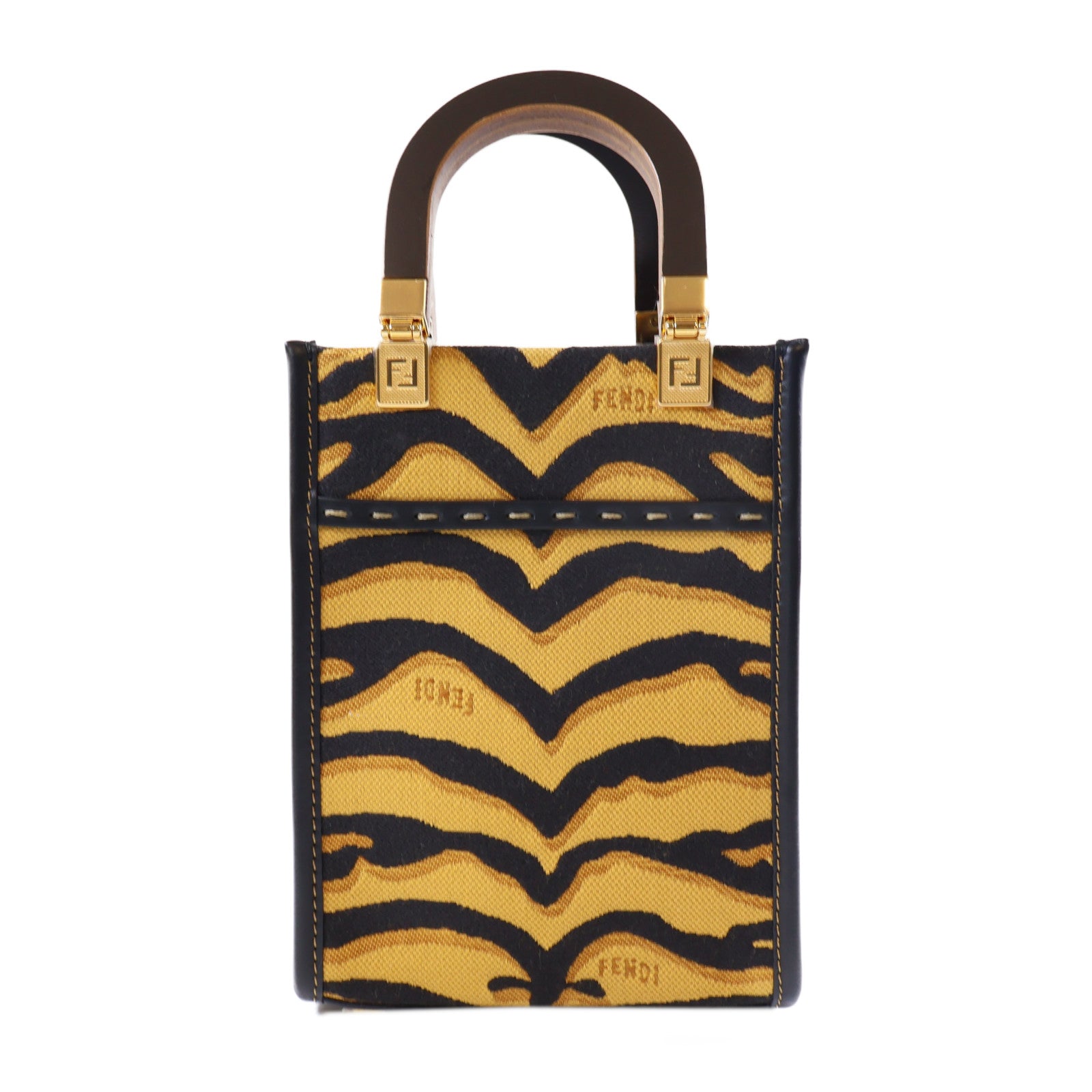 FENDI 【激減優惠】皮革/帆布Mini Sunshine Shopper金扣手挽肩背兩用袋棕色/黑色