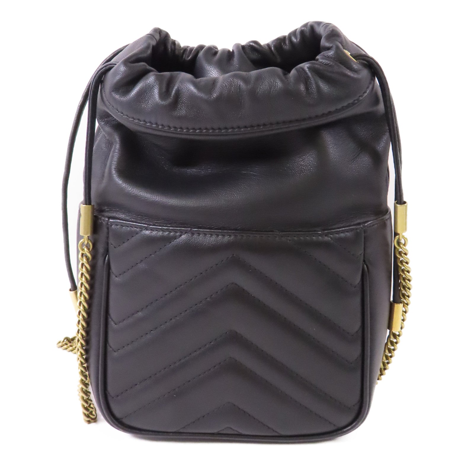 GUCCI GG GHW GG Marmont Mini Bucket Shoulder Chain Bag Calfskin Leather Black