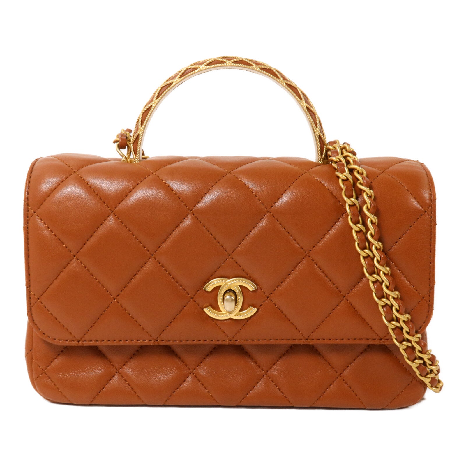 CHANEL 羊皮皮革Flap Bag with Top Handle鏈帶手挽肩背兩用袋