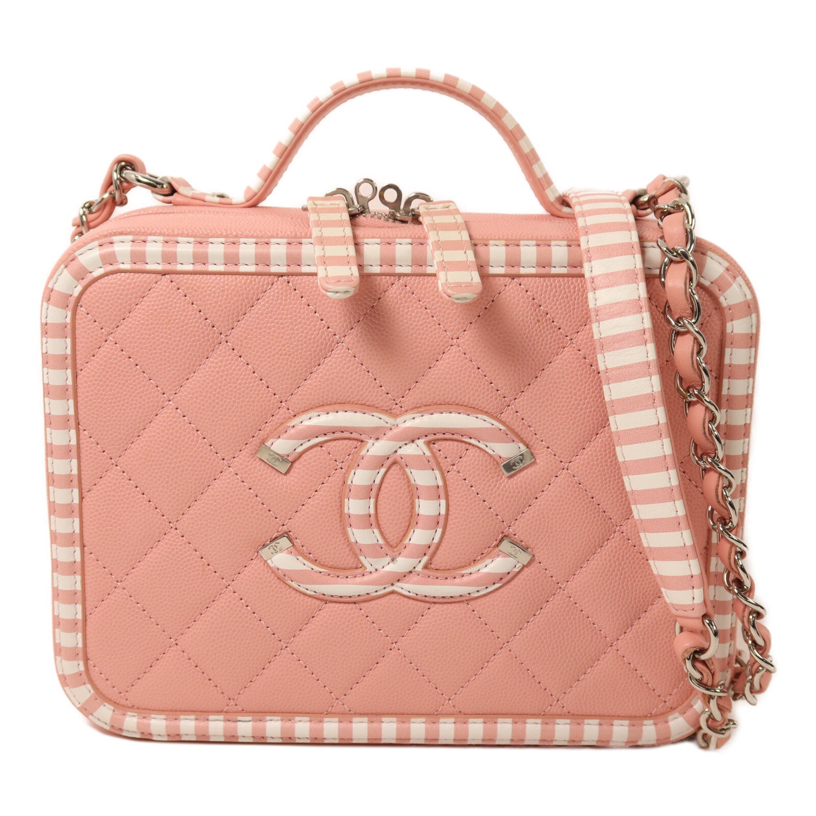 CHANEL 牛皮皮革Vanity Case銀扣鏈帶手挽肩背兩用袋