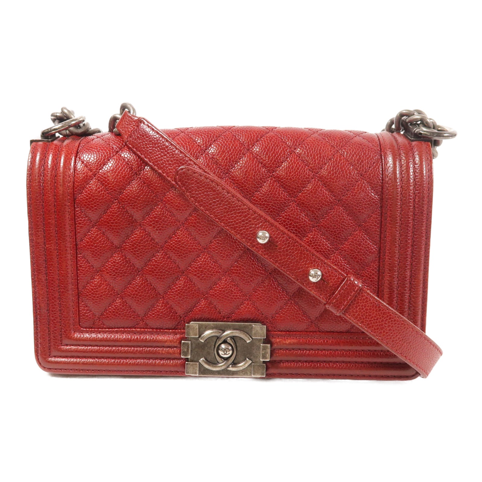 CHANEL CC SHW Boy 25 Chain Shoulder Bag Calfskin Leather Red