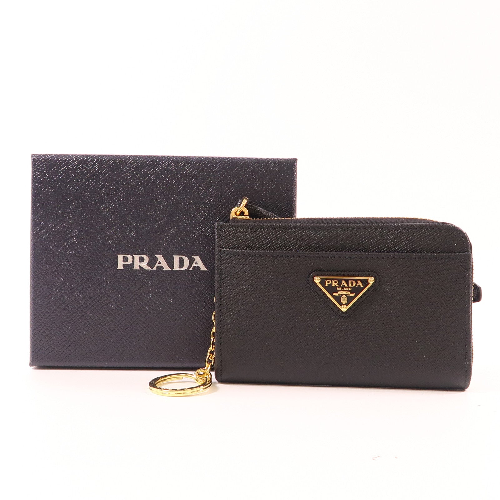 PRADA GHW Black Saffiano Key Chain Case 1PP122 QHH F0002 Leather Black