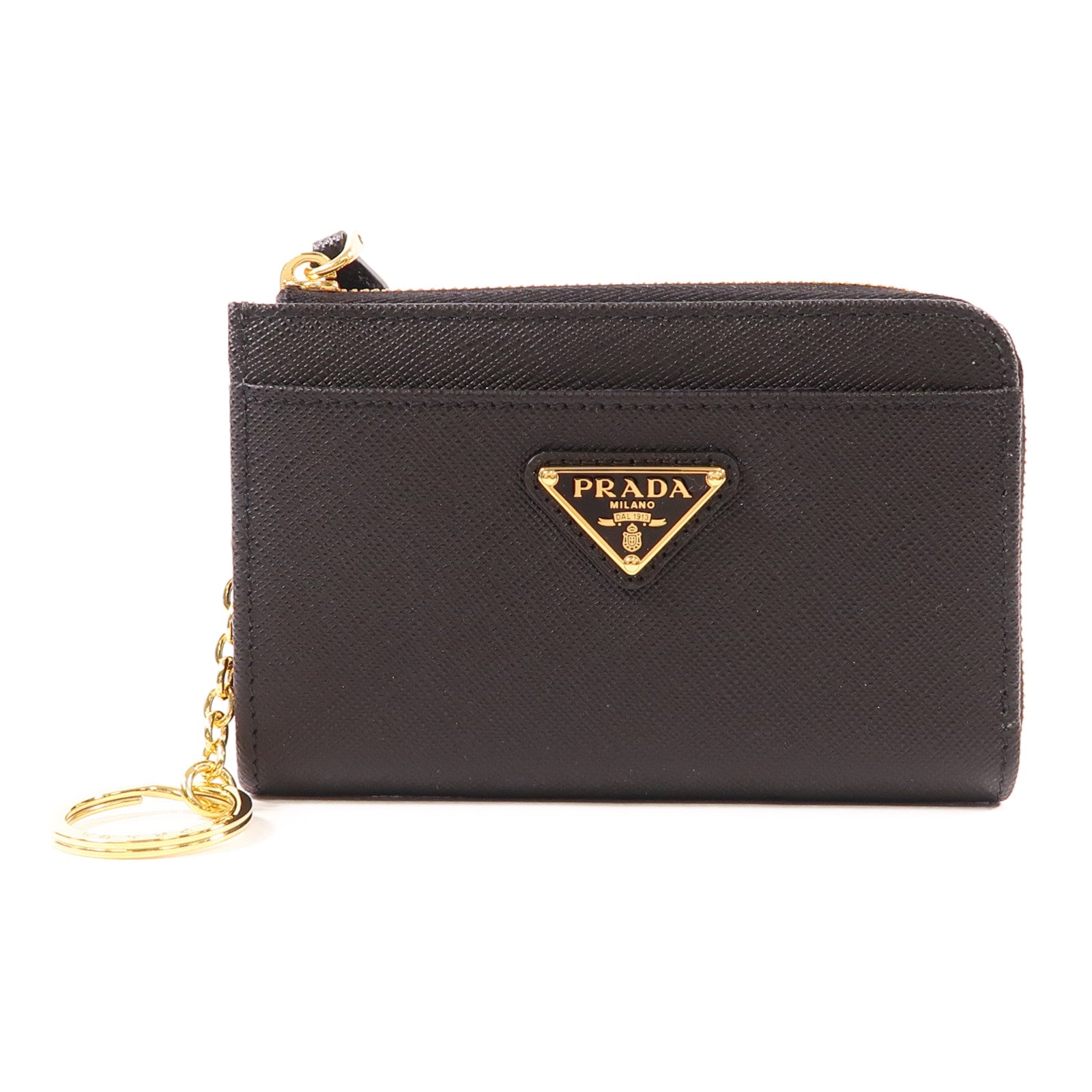 PRADA GHW Black Saffiano Key Chain Case 1PP122 QHH F0002 Leather Black