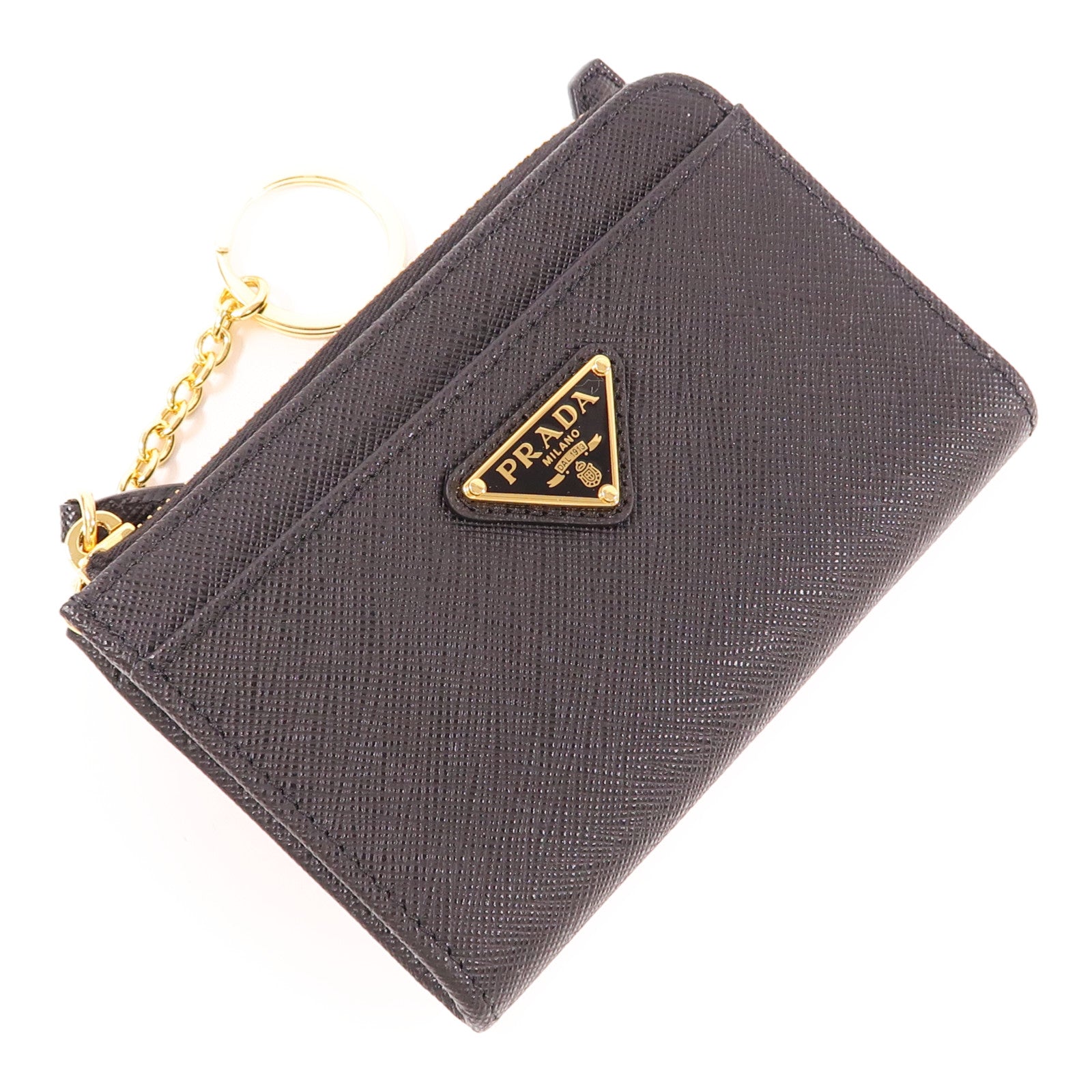PRADA GHW Black Saffiano Key Chain Case 1PP122 QHH F0002 Leather Black