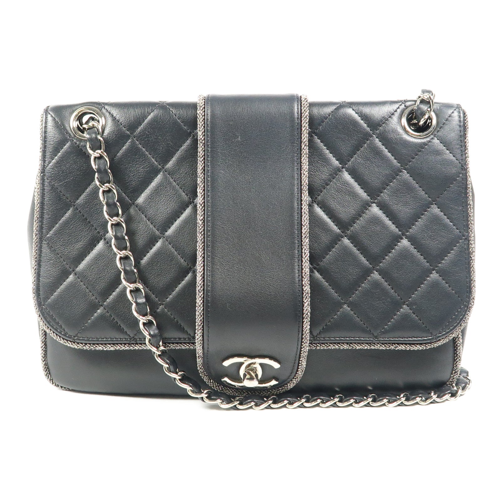 CHANEL 牛皮皮革Chain Shoulder銀扣鏈帶肩背袋