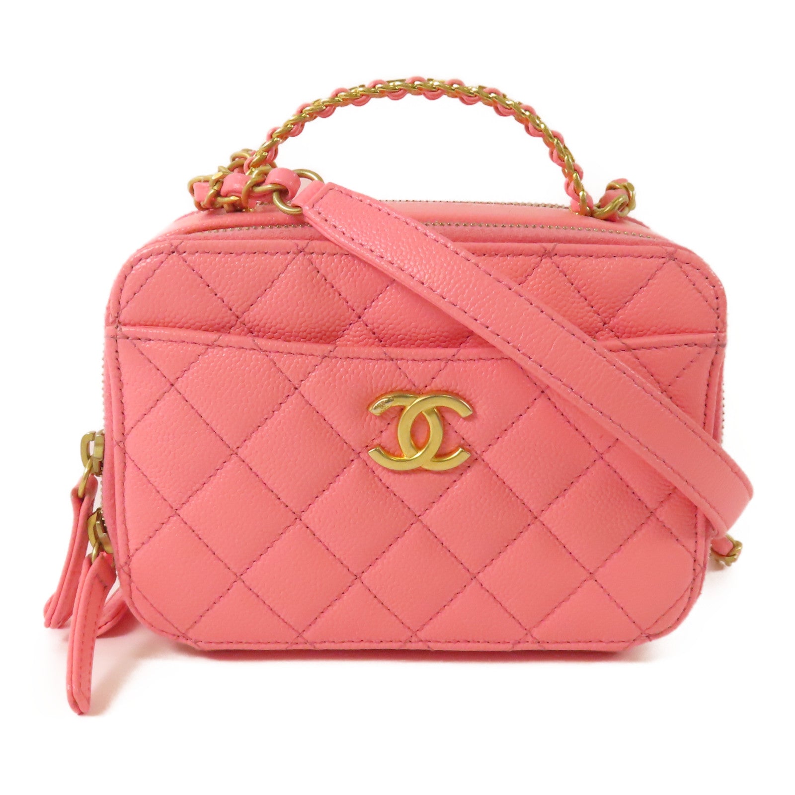 CHANEL CC GHW Vanity Case 2Way Shoulder Handbag Calfskin Leather Pink